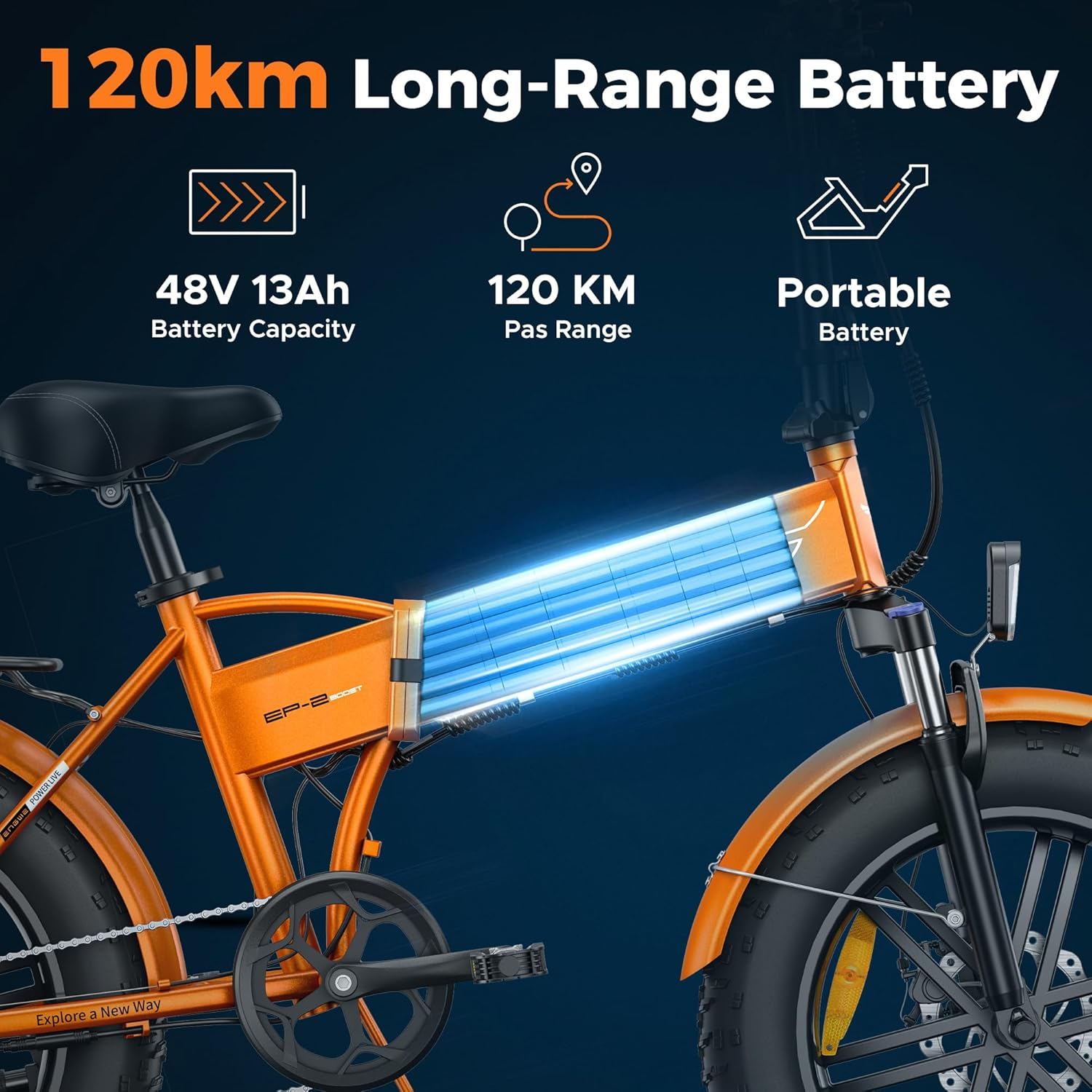 Bicicleta eléctrica naranja con detalles de batería azul, 120 km.