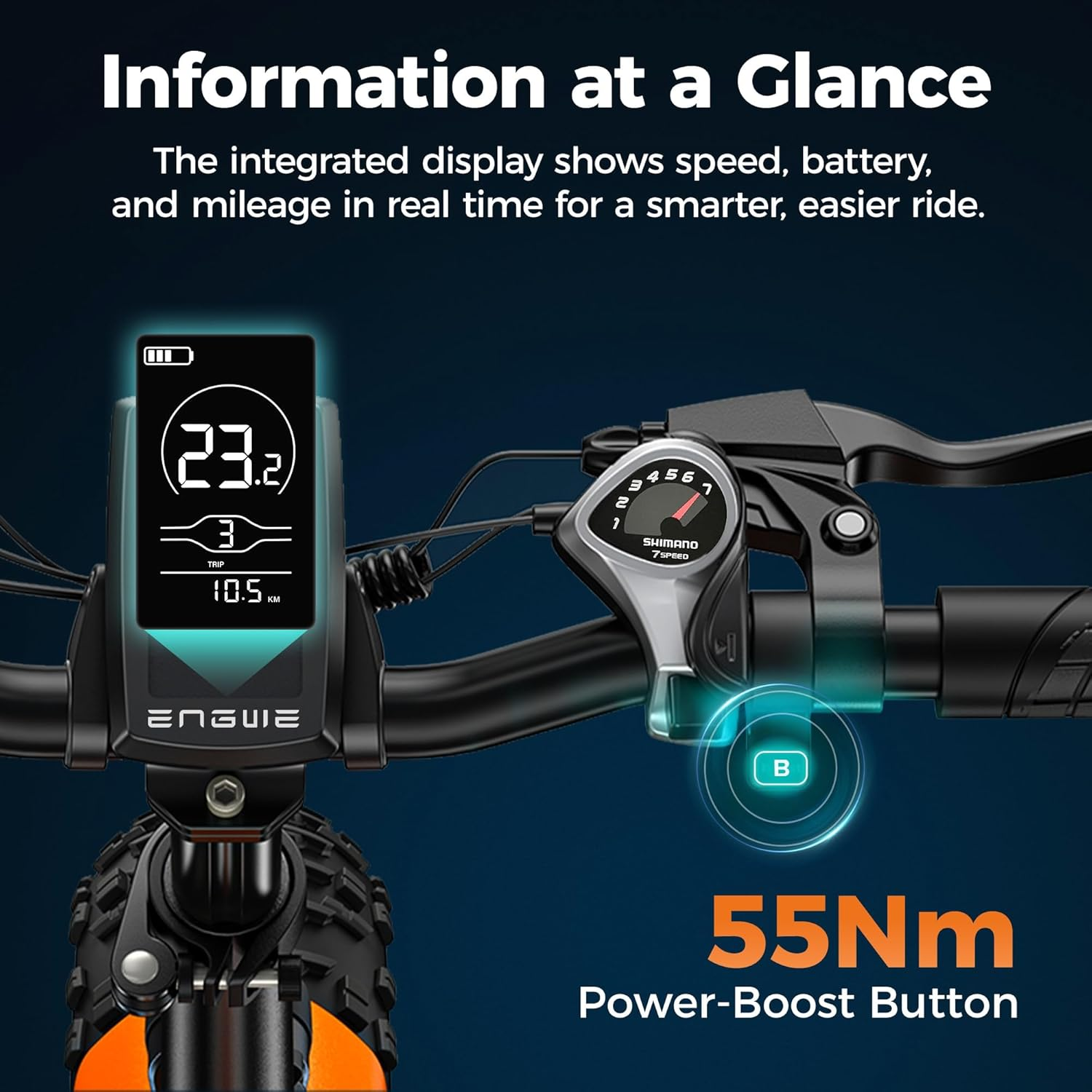 Manillar de e-bike con pantalla, cambio y botón de impulso.