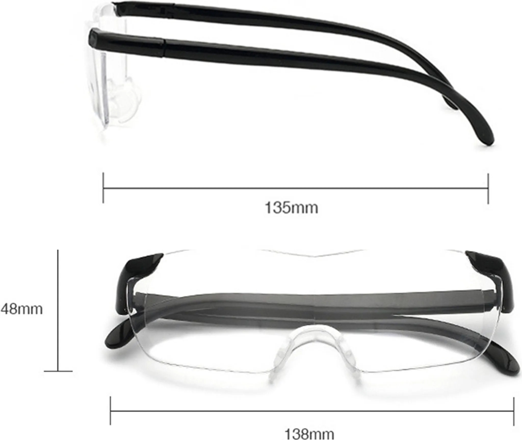 Klare Schutzbrille mit schwarzen Bügeln und Maßen 135mm und 48mm.