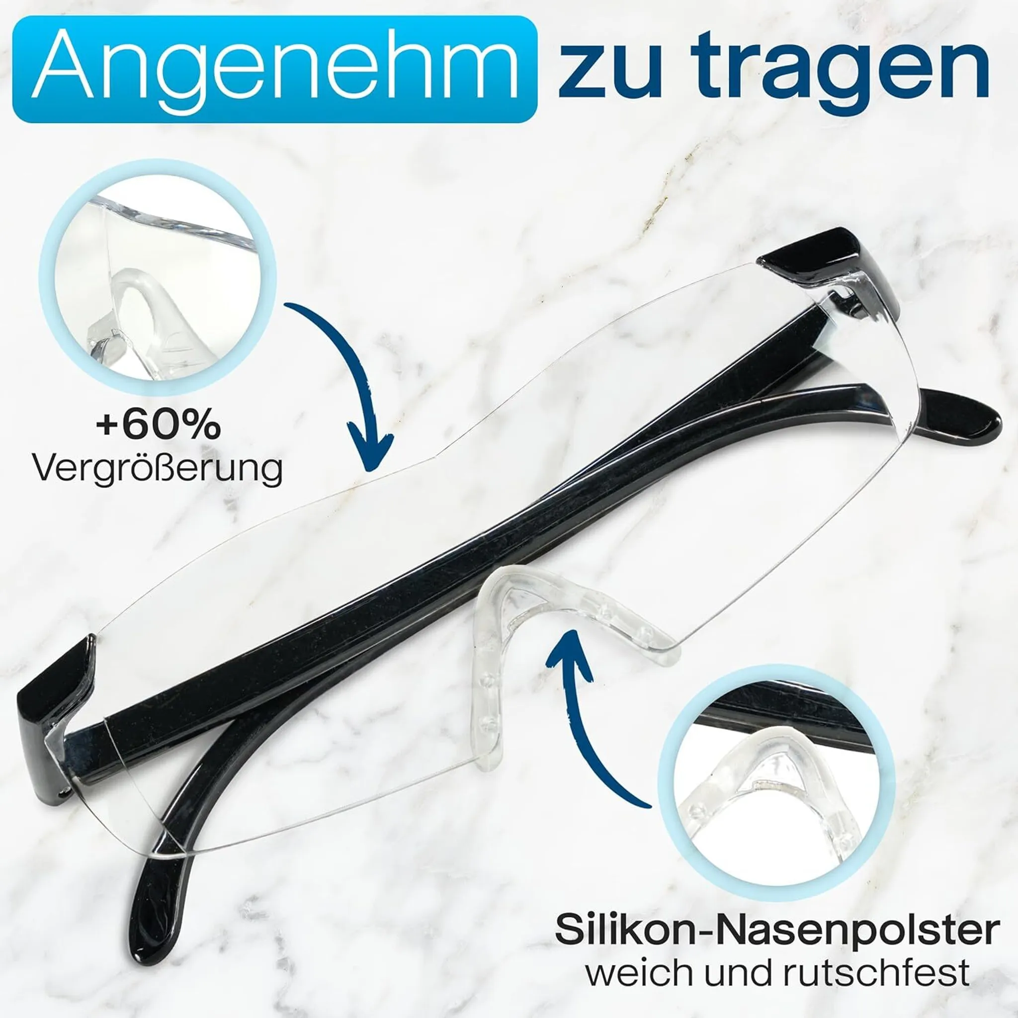 Lesebrille mit 60% Vergrößerung und weichen Silikon-Nasenpolstern.