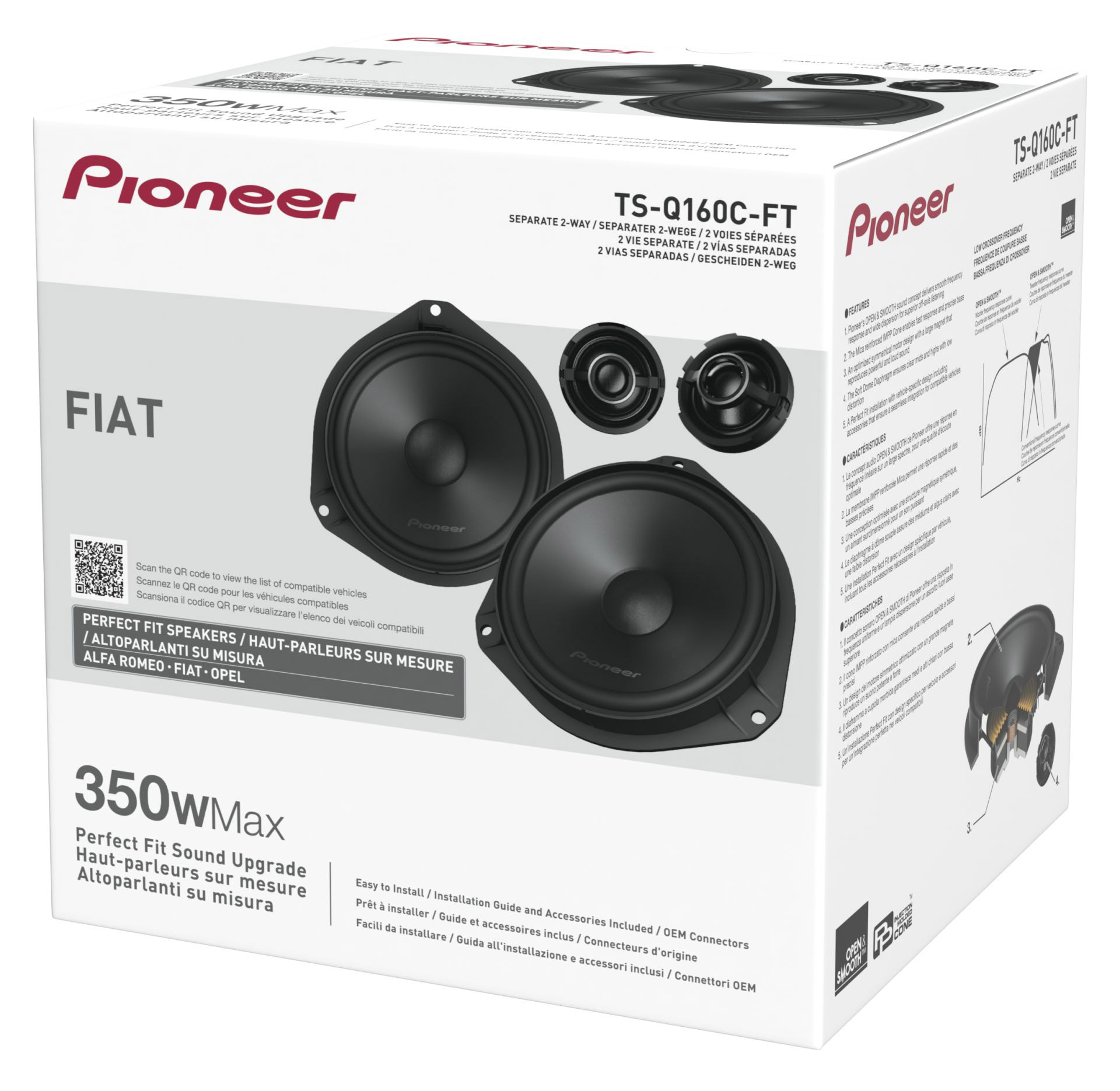 Pioneer Lautsprecher-Verpackung mit Fiat-Logo, 350W Max, TS-Q160C-FT Modell.