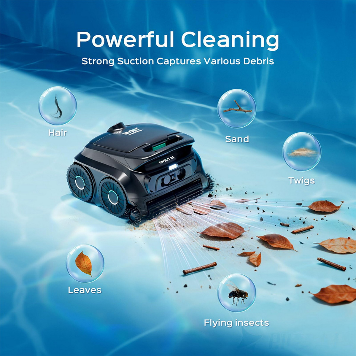 Schwarzer Poolreinigungsroboter saugt Blätter, Zweige, Sand, Haare und Insekten auf.