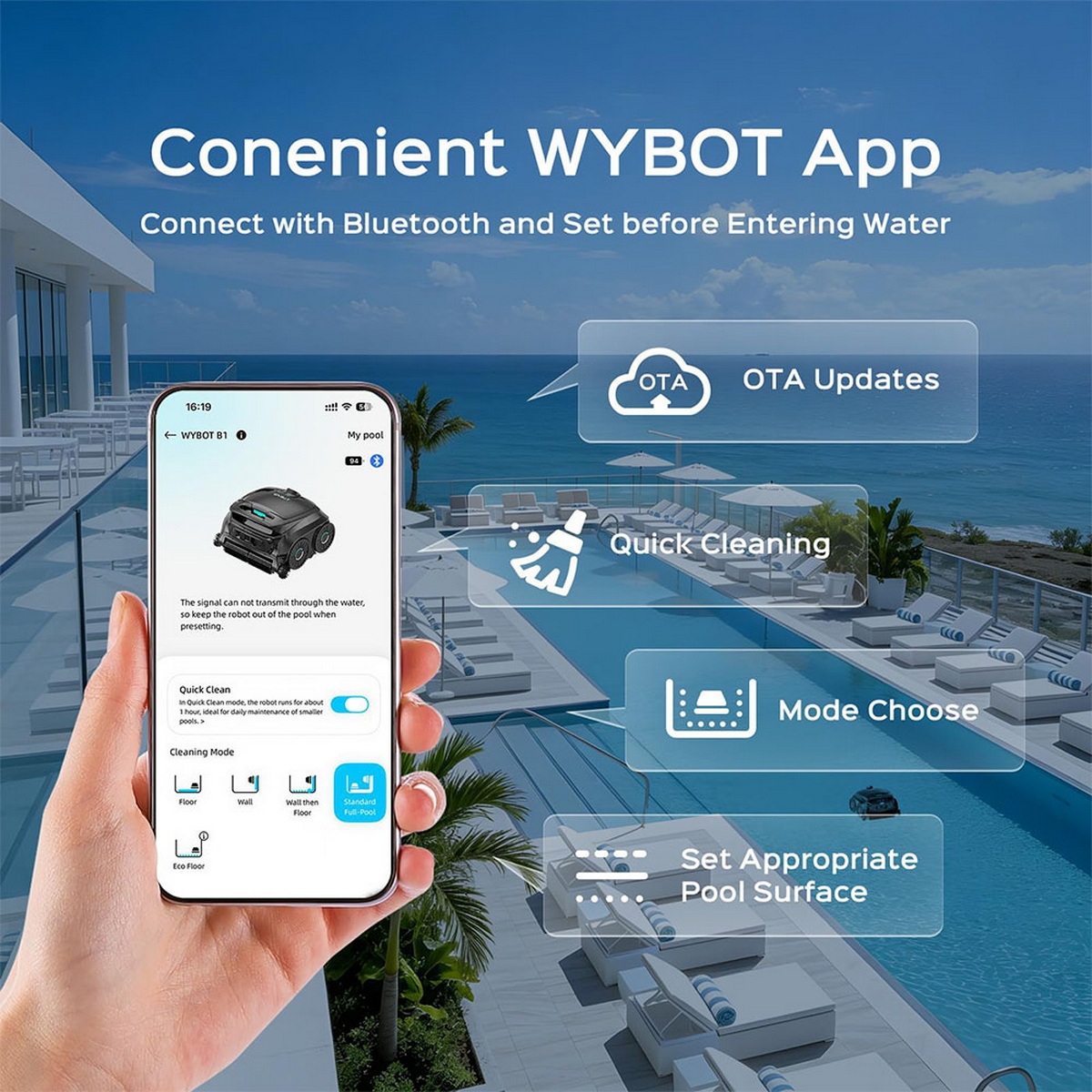 App-Interface mit Pool im Hintergrund. Zeigt OTA-Updates, Schnellreinigung, Moduswahl.