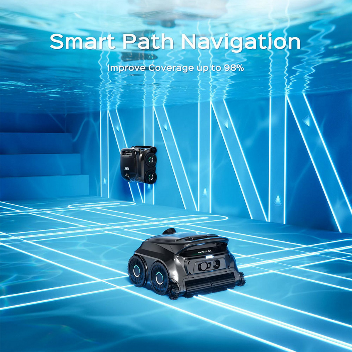 Zwei schwarze Poolroboter navigieren in einem blauen Pool mit leuchtenden Linien.
