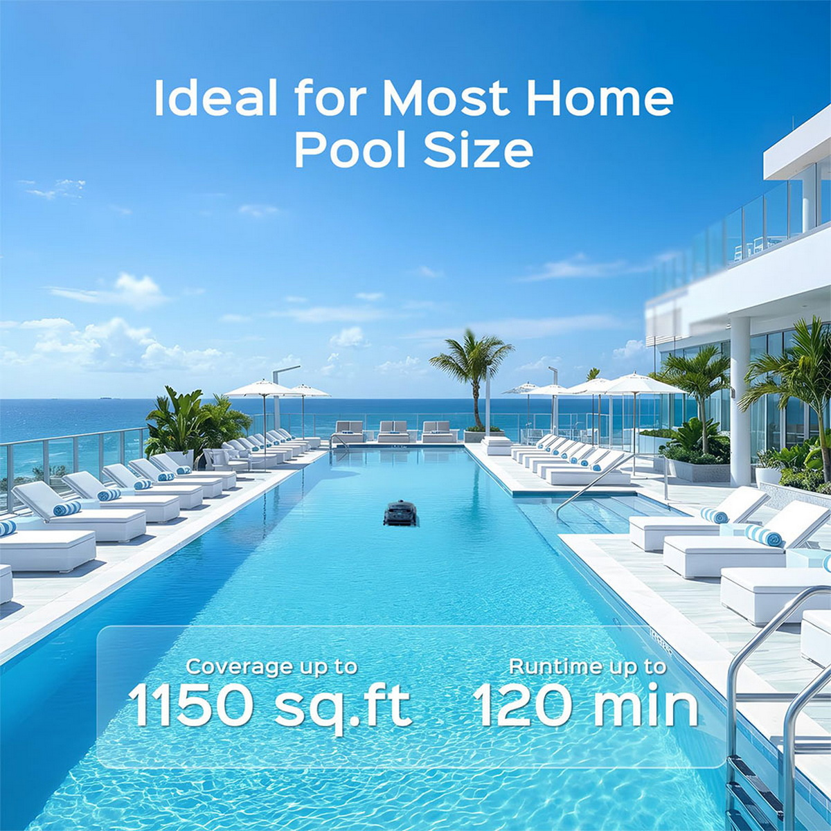 Ein Poolreiniger fährt im blauen Wasser eines Infinity-Pools, umgeben von Liegen.