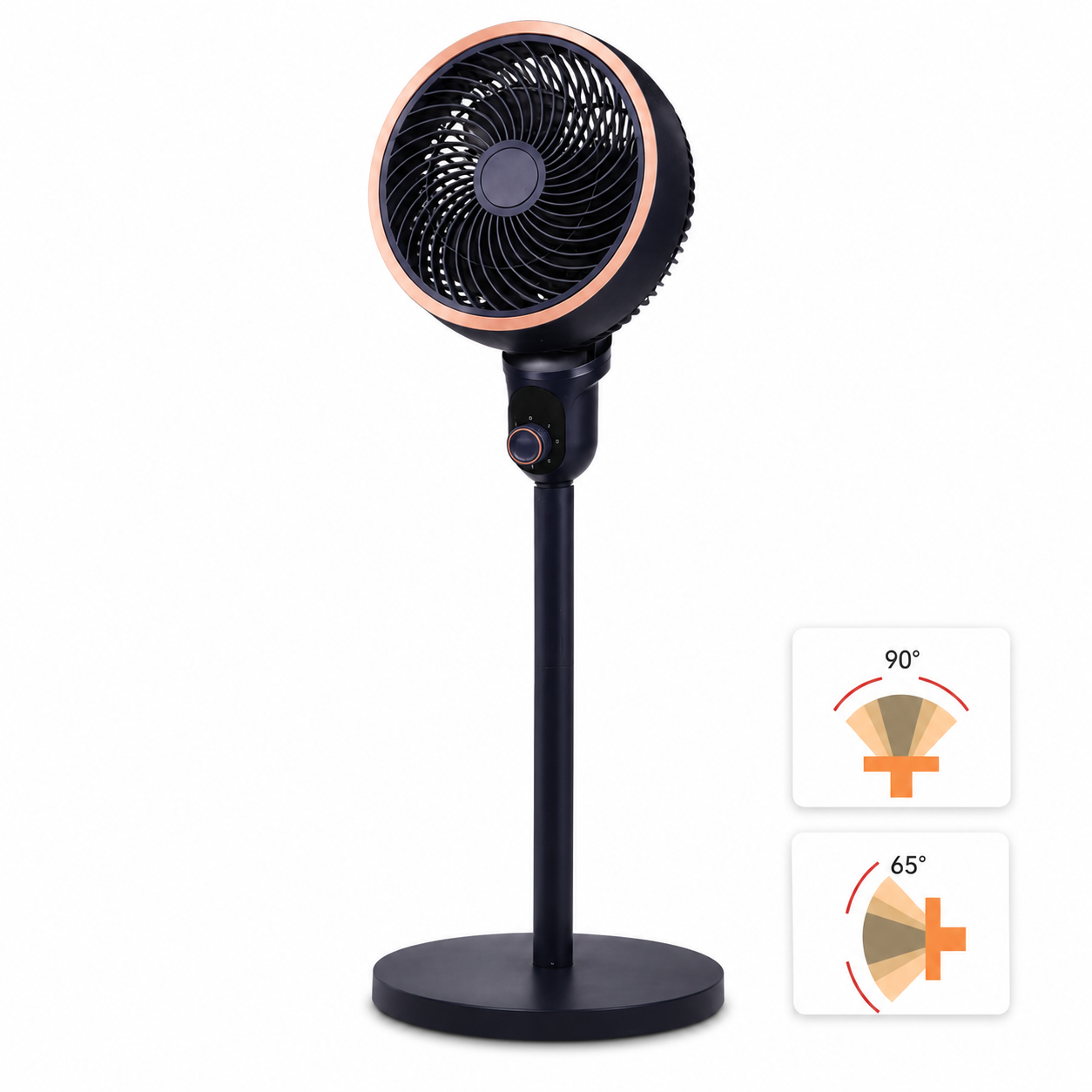Un ventilador de pie negro con borde de cobre y botones de control.