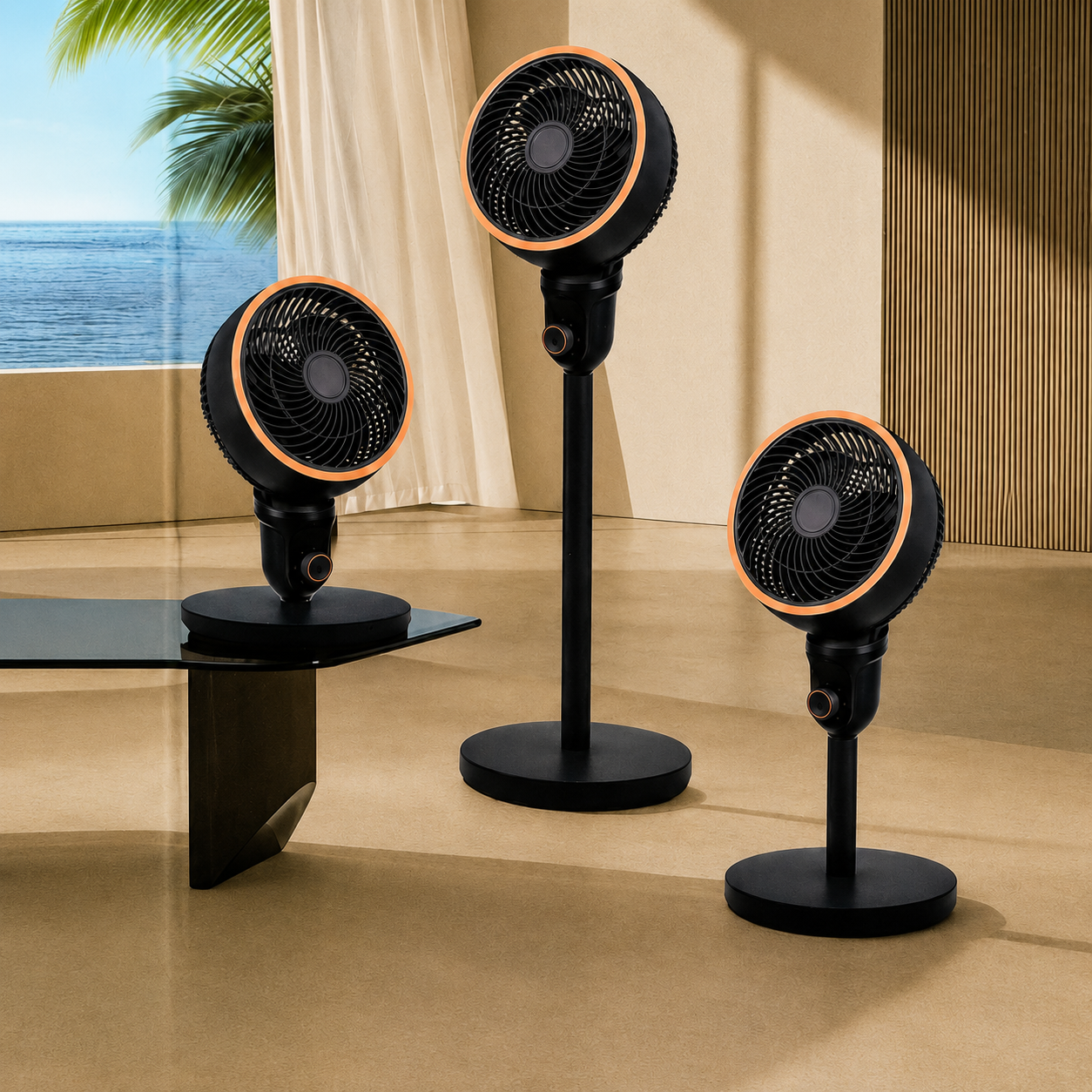 Tres ventiladores negros con detalles naranjas están en una habitación.