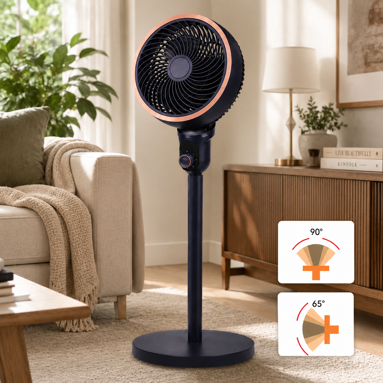 Un ventilador de pie oscuro con anillo de cobre está en una sala de estar.