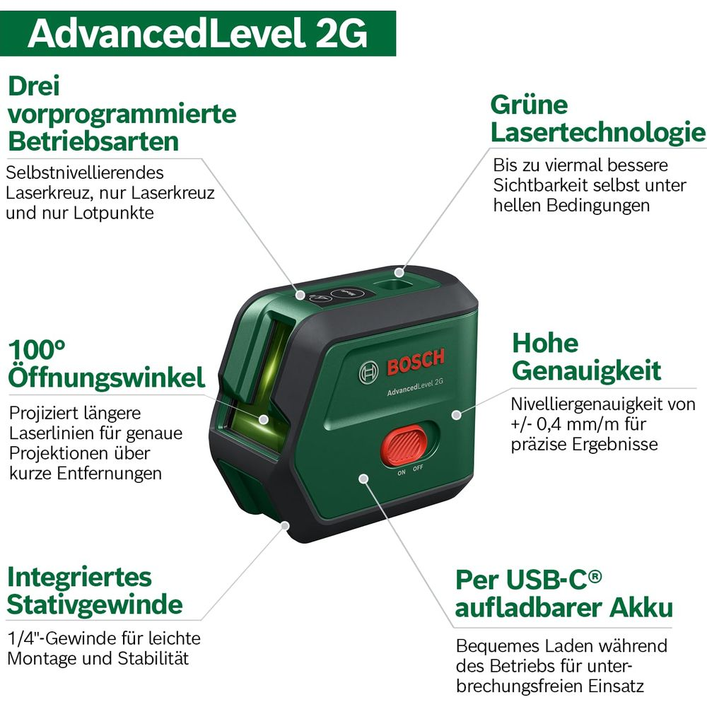 Ein grüner Bosch Laser-Wasserwaage-Gerät mit Beschriftungen.