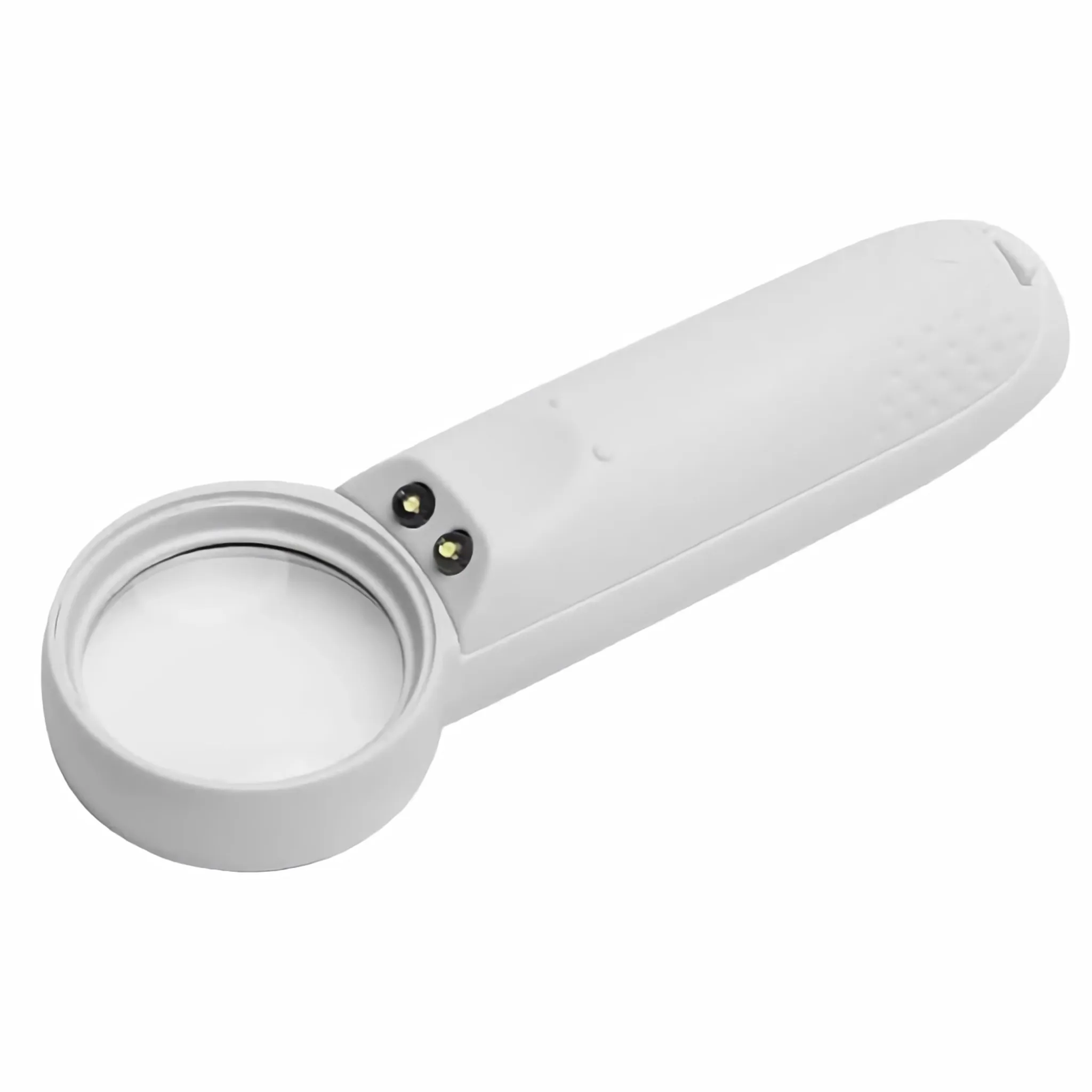 Eine weiße Lupe mit Griff und zwei Lichtern über dem Vergrößerungsglas.