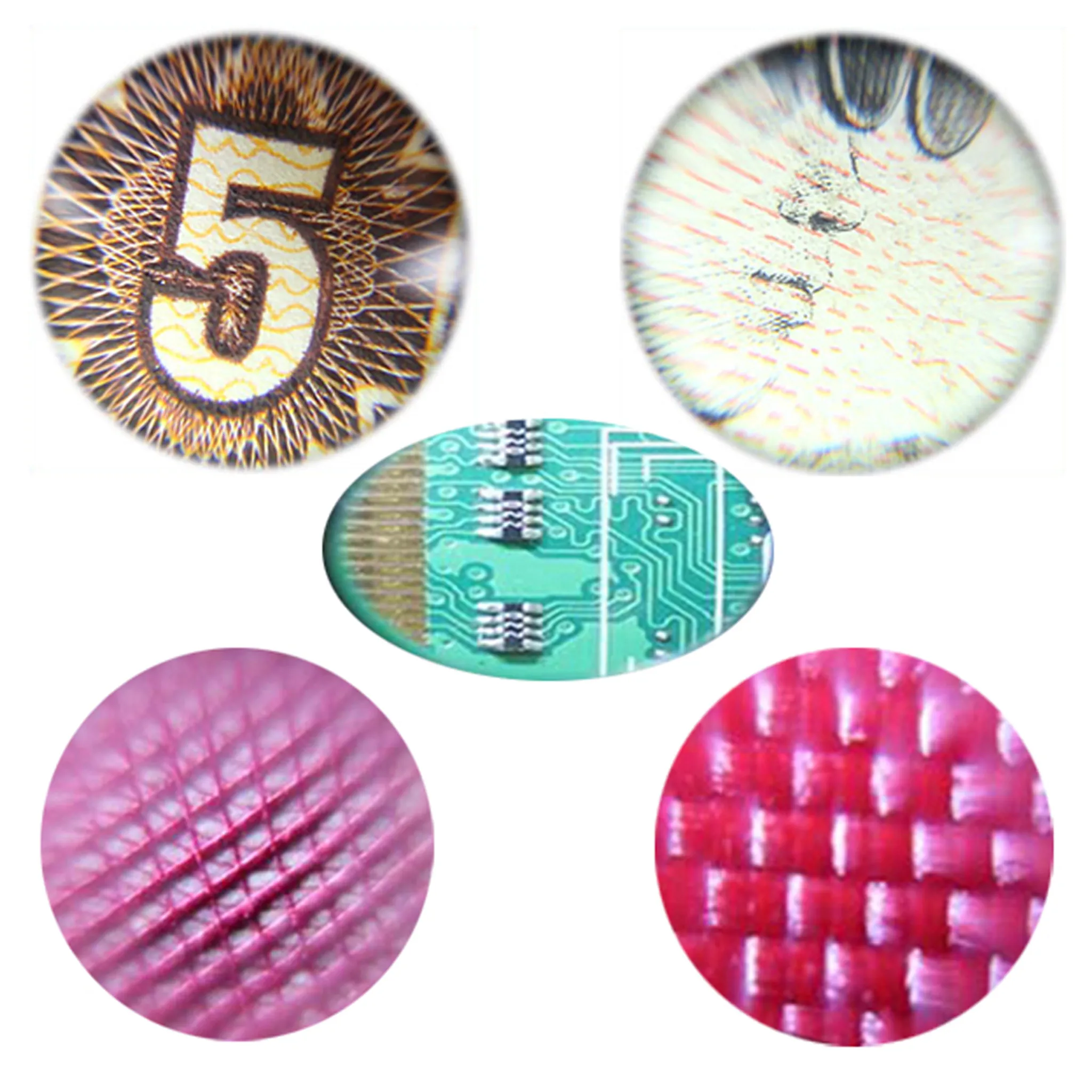 Nahaufnahme von Geldschein-Details, Mikrochip, Stofftexturen in Rosa und Rot.