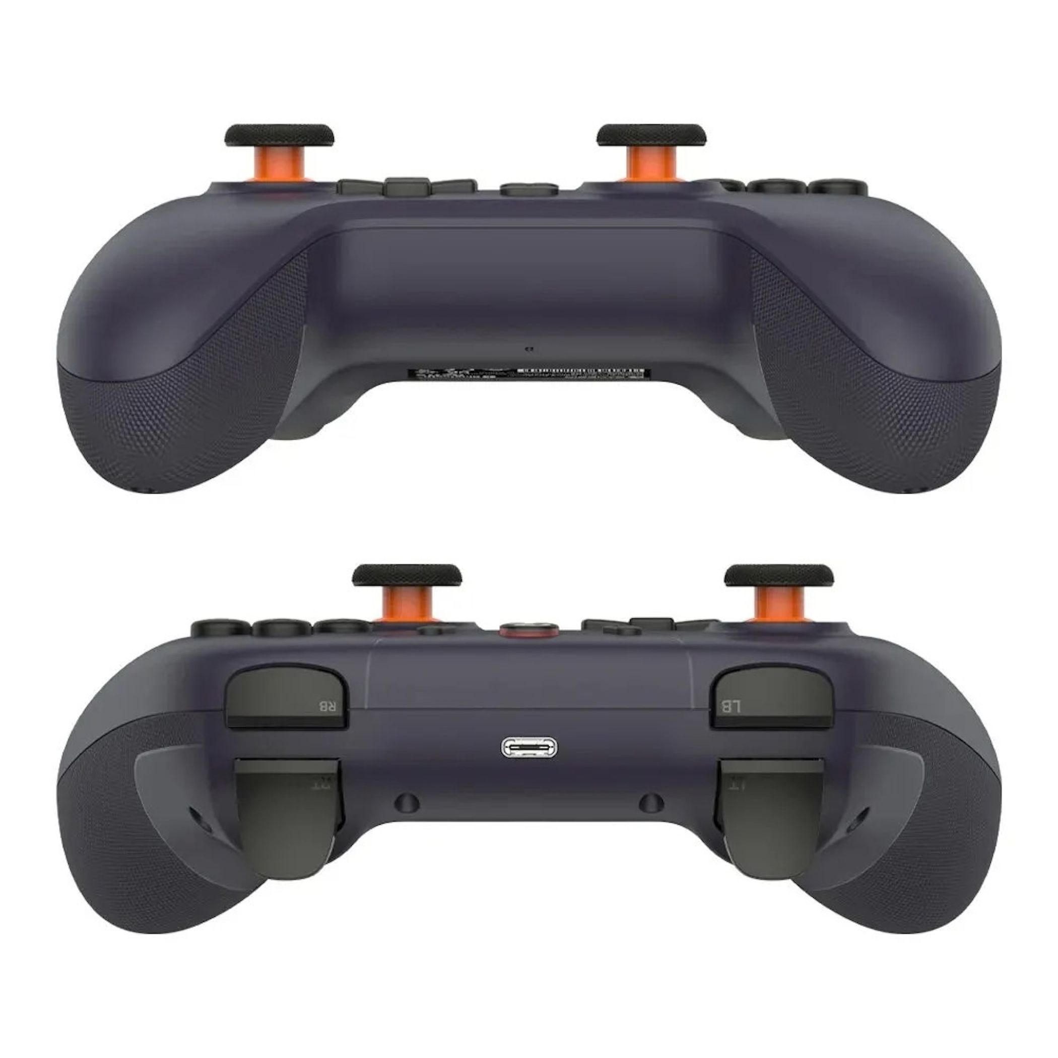 Dunkelgrauer Controller mit orangefarbenen Akzenten und Texturgriff.