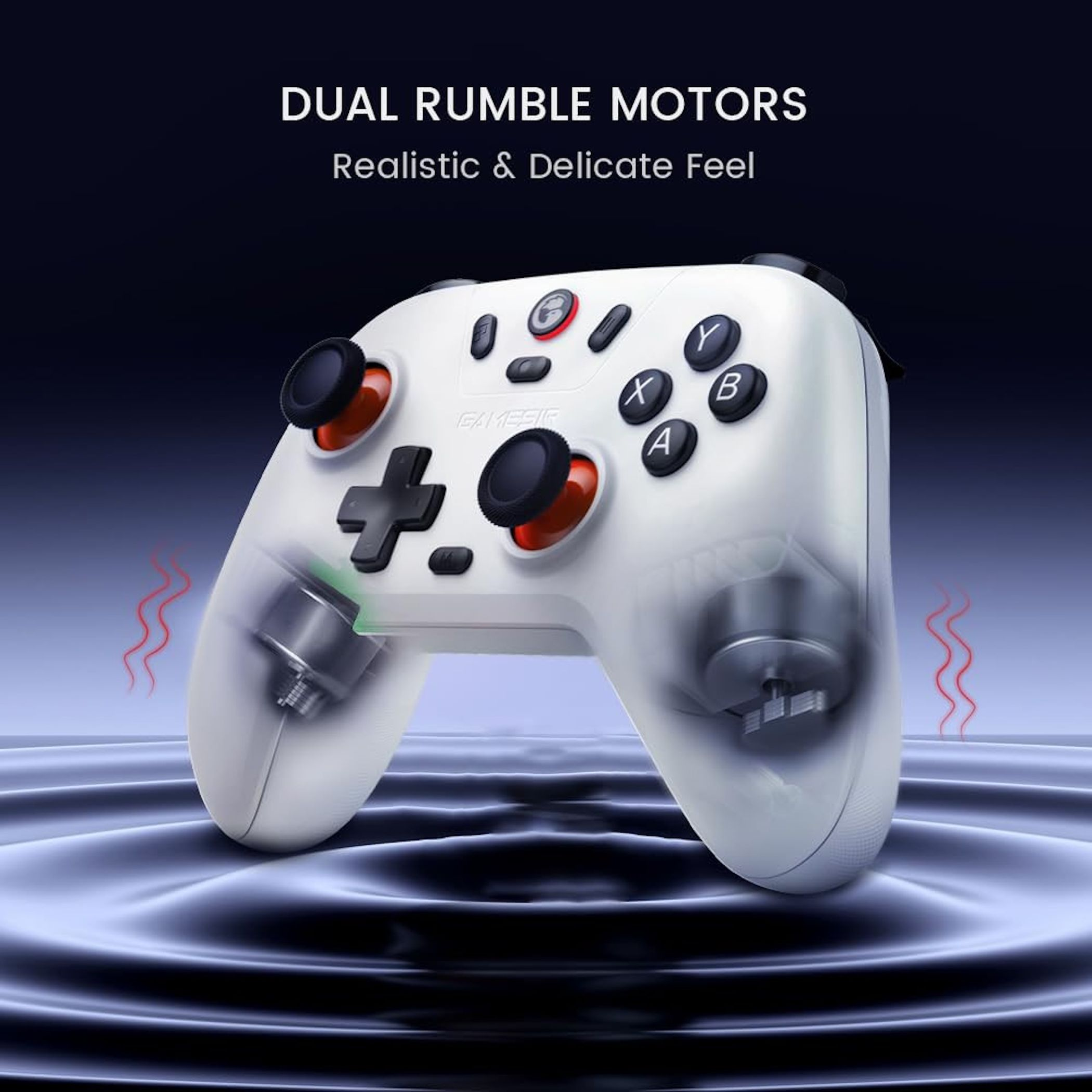 Ein weißer Gamecontroller mit roten Akzenten und sichtbaren Rumble-Motoren.
