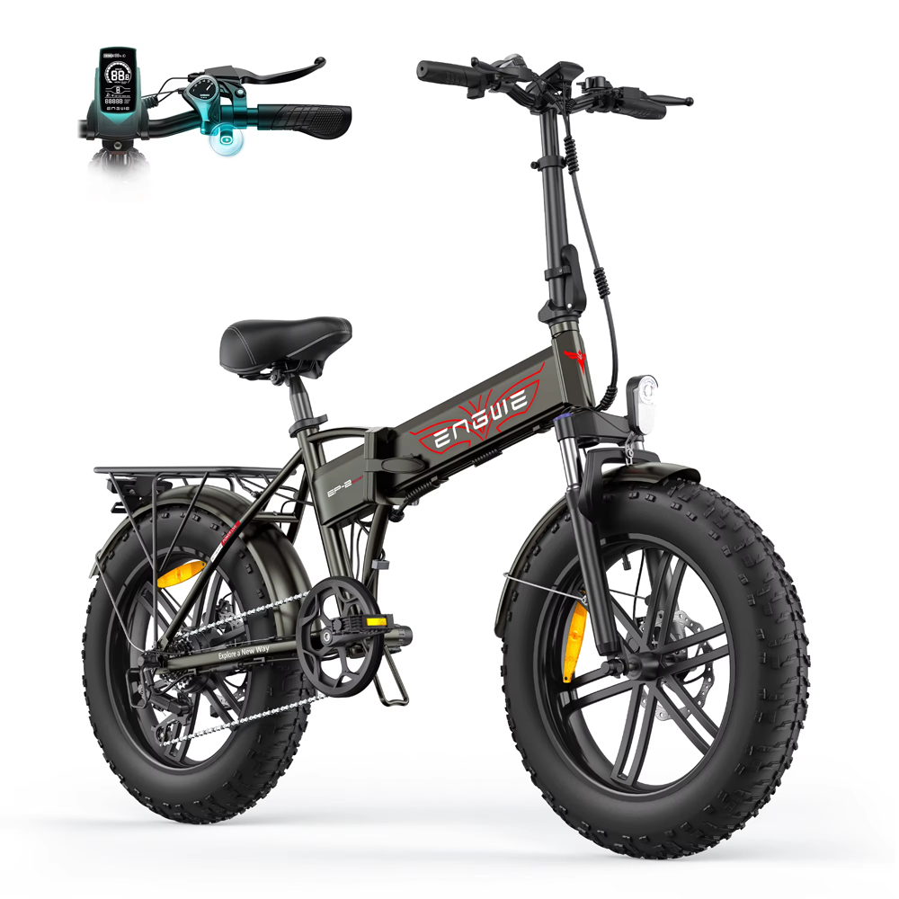 Una e-bike plegable gris con neumáticos anchos, portaequipajes y pantalla en el manillar.