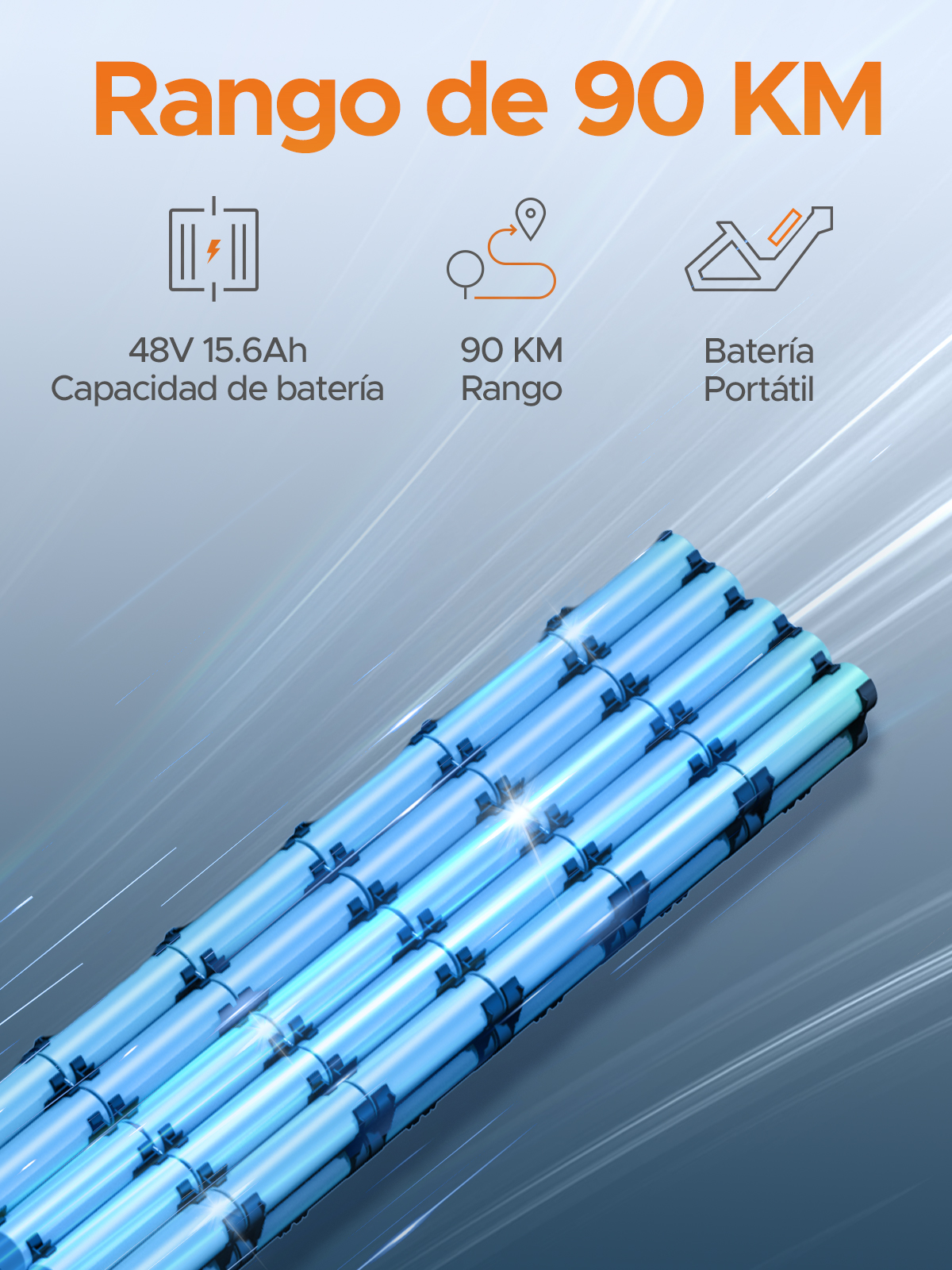 Celdas de batería eléctricas azules con especificaciones de alcance y capacidad.