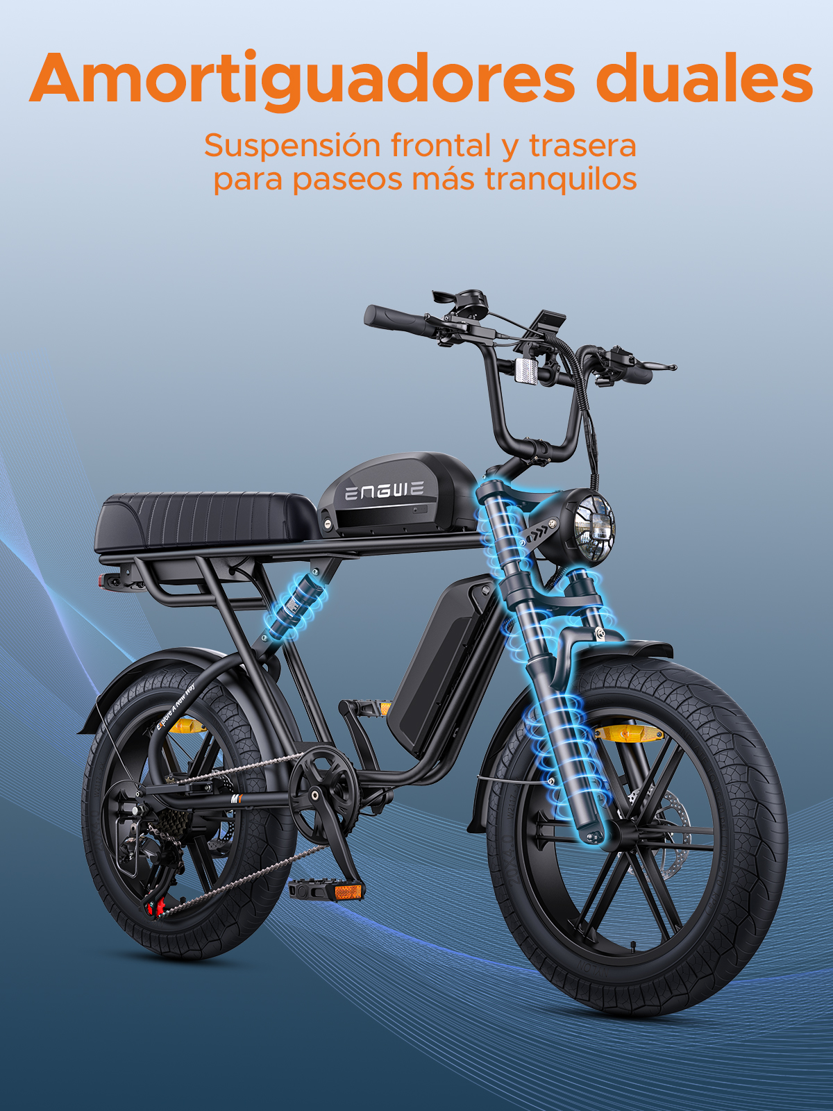 Bicicleta eléctrica negra con doble amortiguador, efecto resaltado azul.