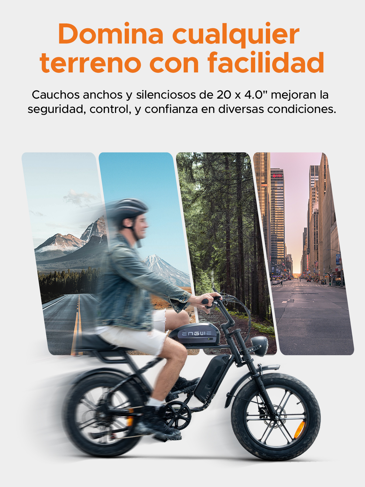 Un hombre monta una e-bike en escenas de montaña, bosque y ciudad.
