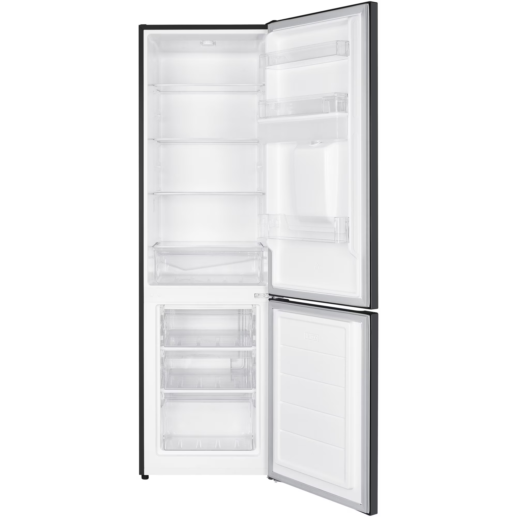 Ein leerer schwarzer Kühlschrank mit geöffneten Türen, der Innenraum ist weiß mit Glasböden.