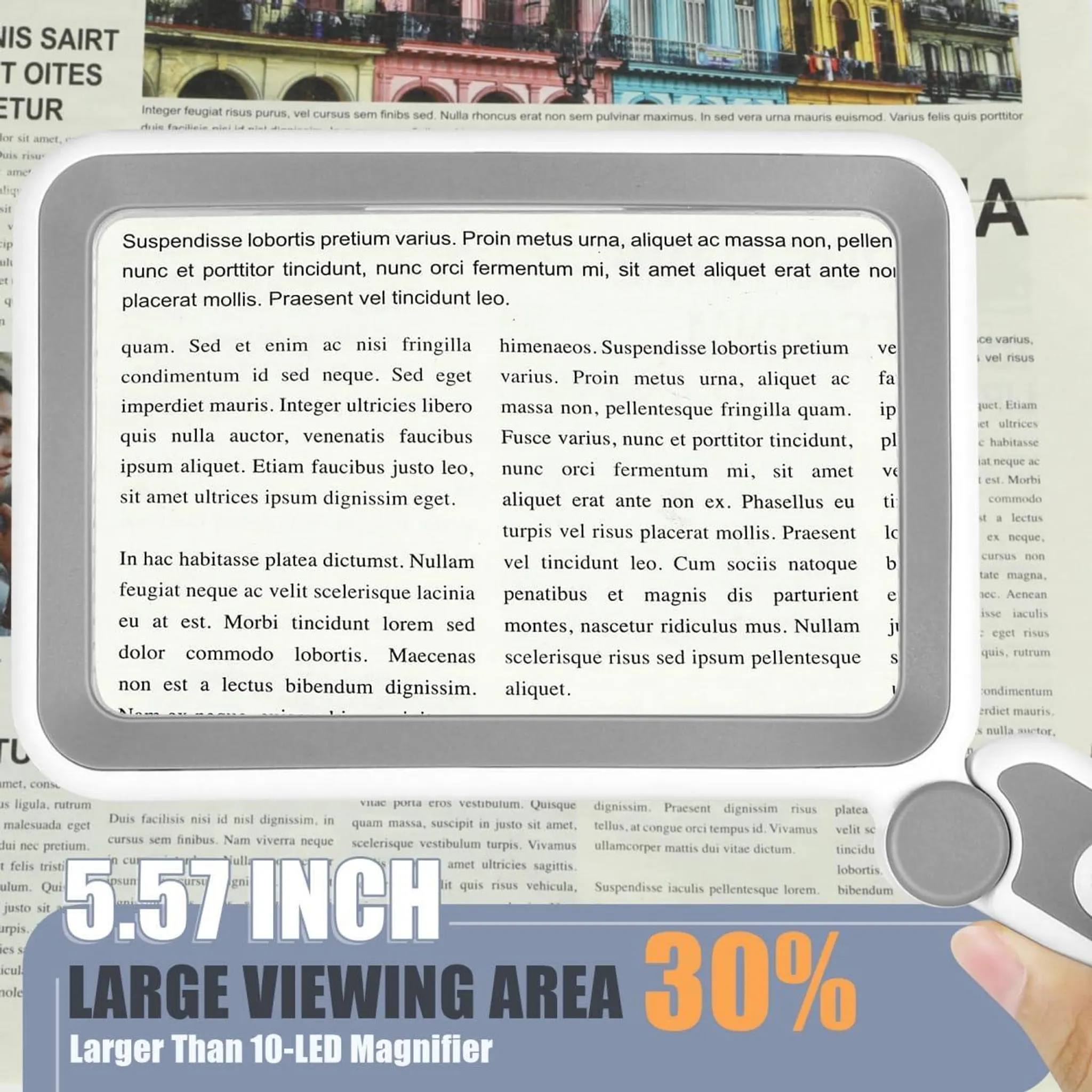 Lupe mit Text "5.57 INCH LARGE VIEWING AREA 30% Larger Than 10-LED Magnifier".