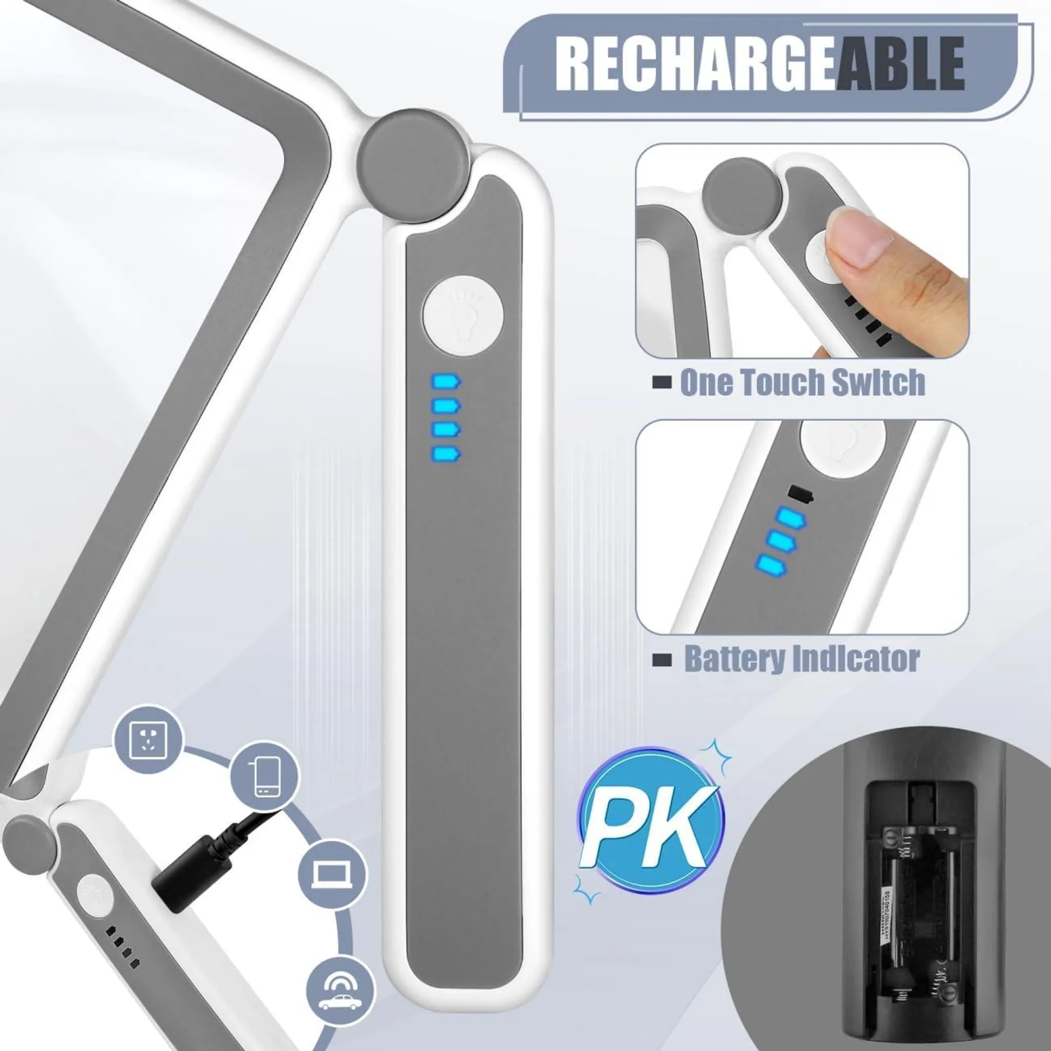 Wiederaufladbare Lampe mit Touch-Schalter und Batteriestatusanzeige.