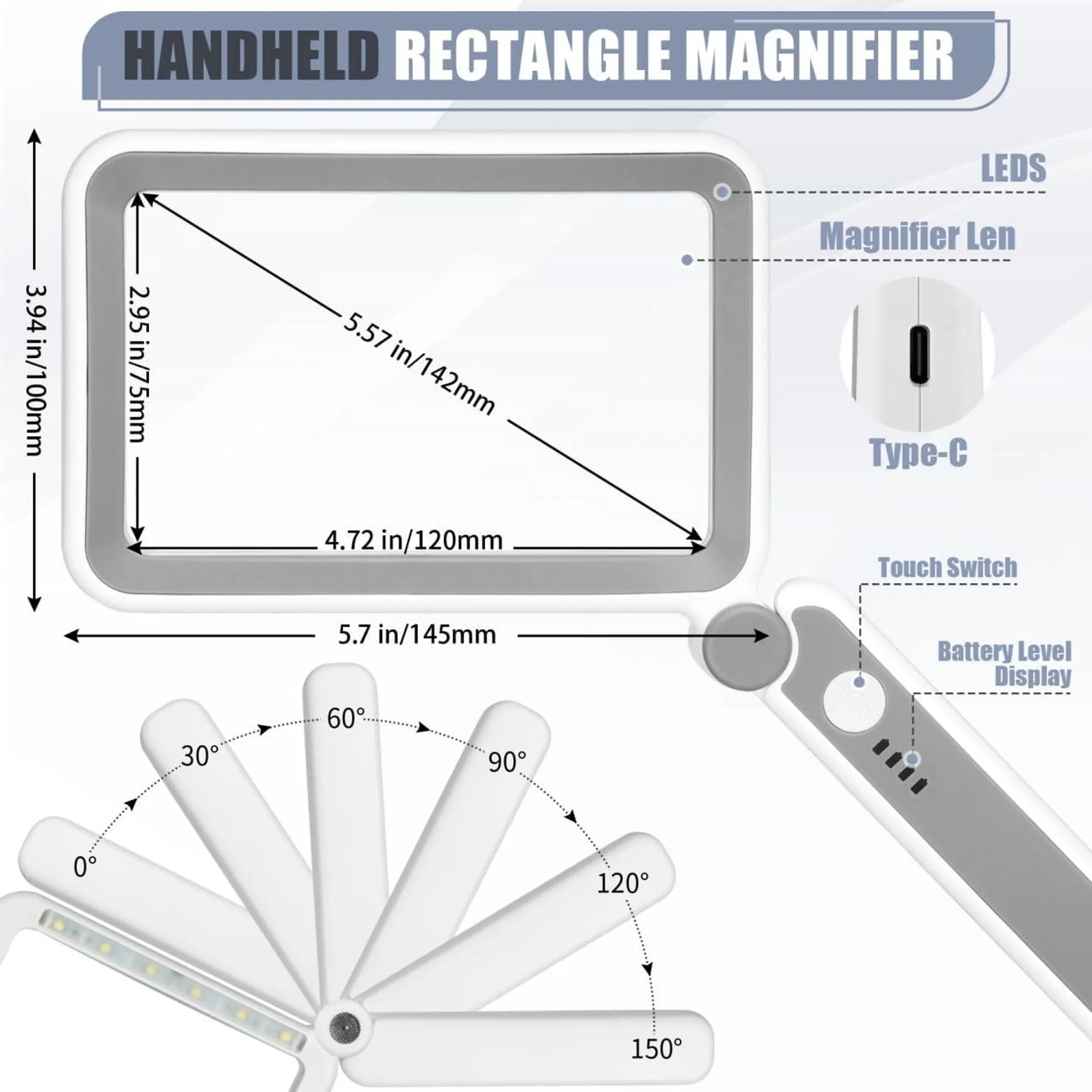 Handgehaltener rechteckiger Vergrößerer mit Maßen, LEDs, USB-C, Touch-Schalter und Akkuanzeige.
