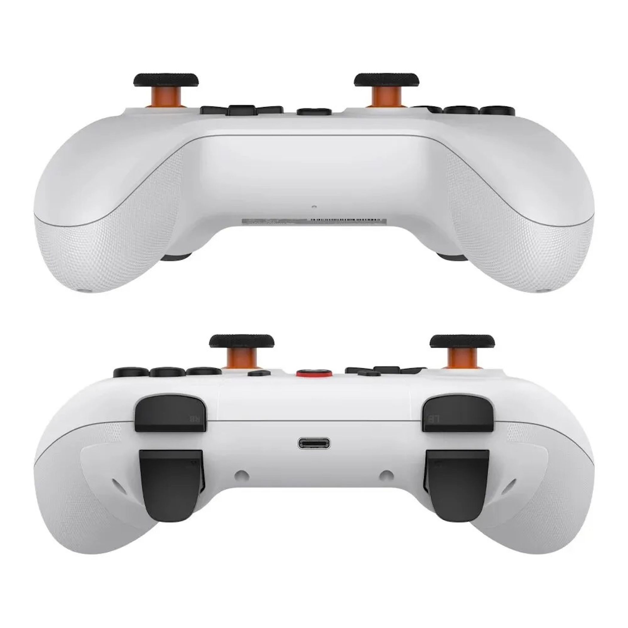 Zwei weiße Gamecontroller-Ansichten, Vorder- und Rückseite, mit schwarzen und orangefarbenen Tasten.