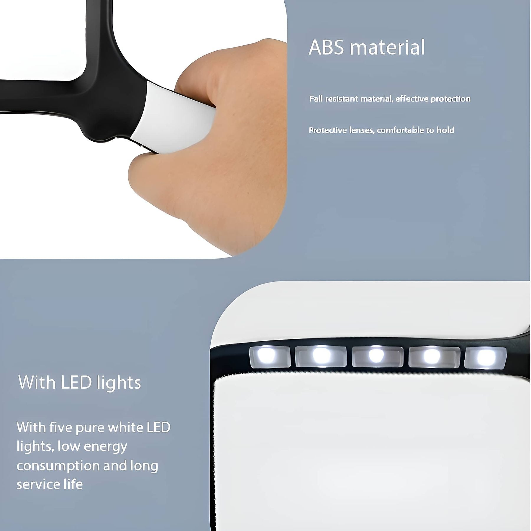 Hand hält Lupe mit fünf LED-Leuchten. ABS-Material, sturzsicher.