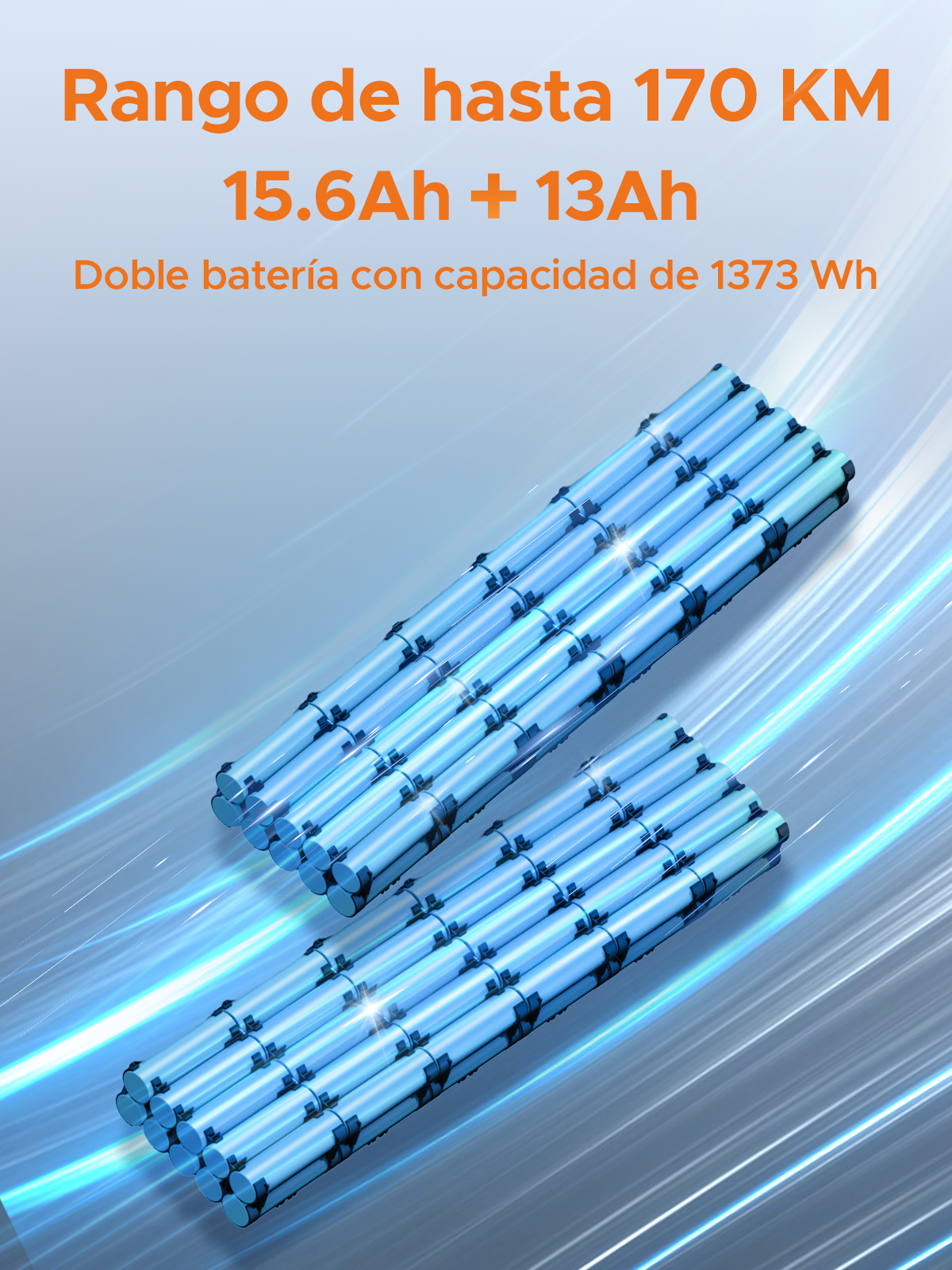 Dos filas de celdas de batería azules, con 170 km de autonomía.