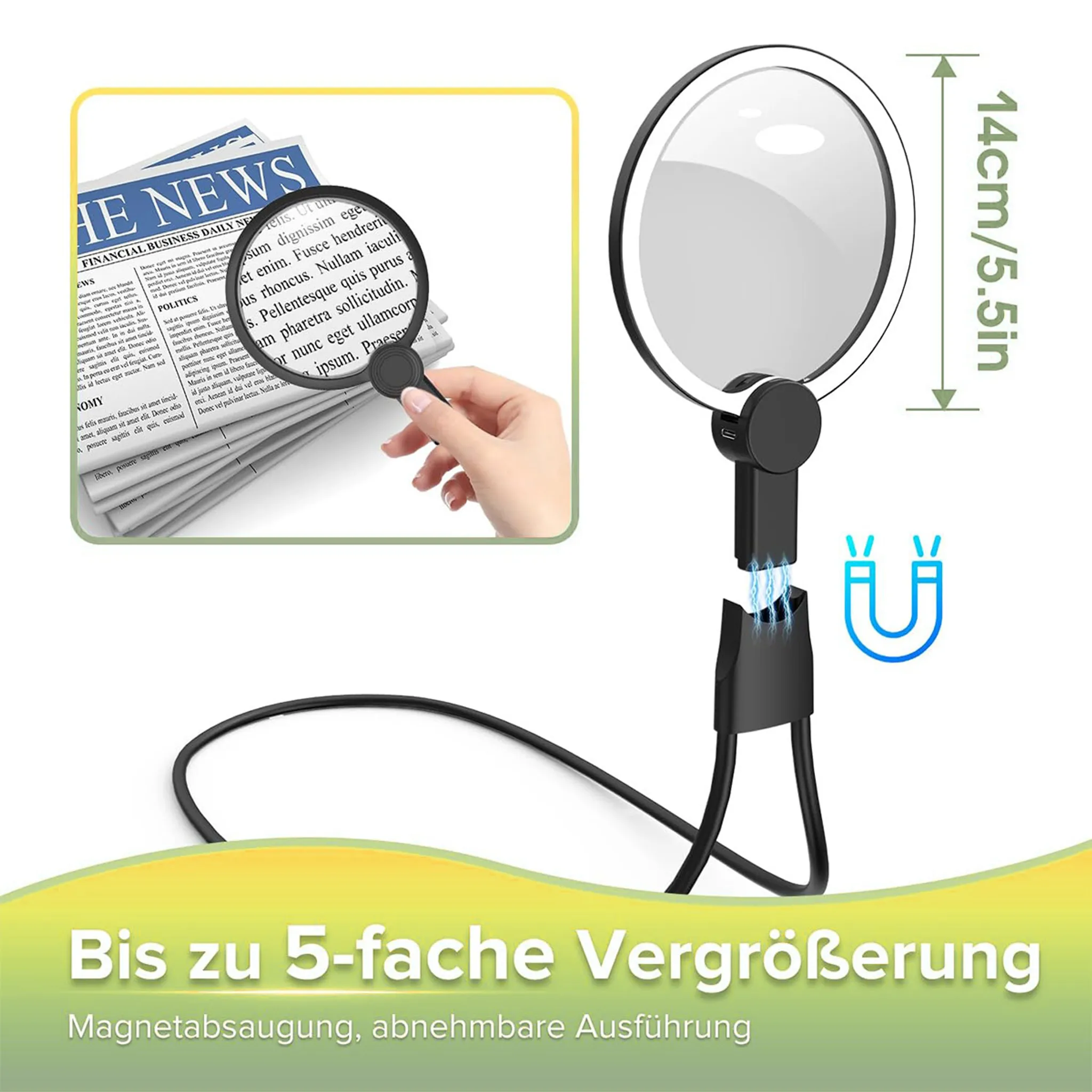 Lupe mit LED-Licht über Zeitung, flexible Halsband und Magnetfuß.