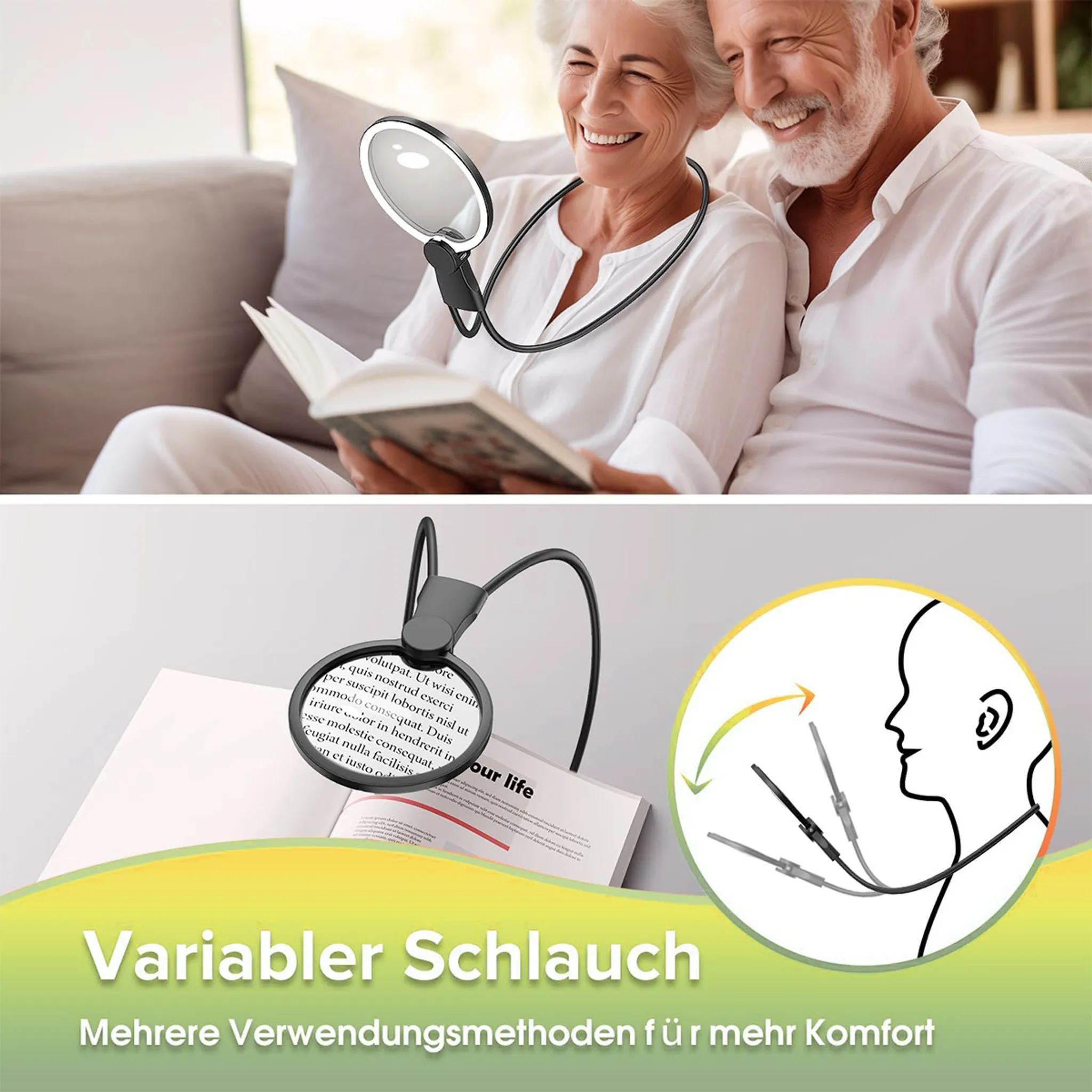 Ein älteres Paar liest ein Buch mit einer Halslupe. Der Schlauch ist variabel.