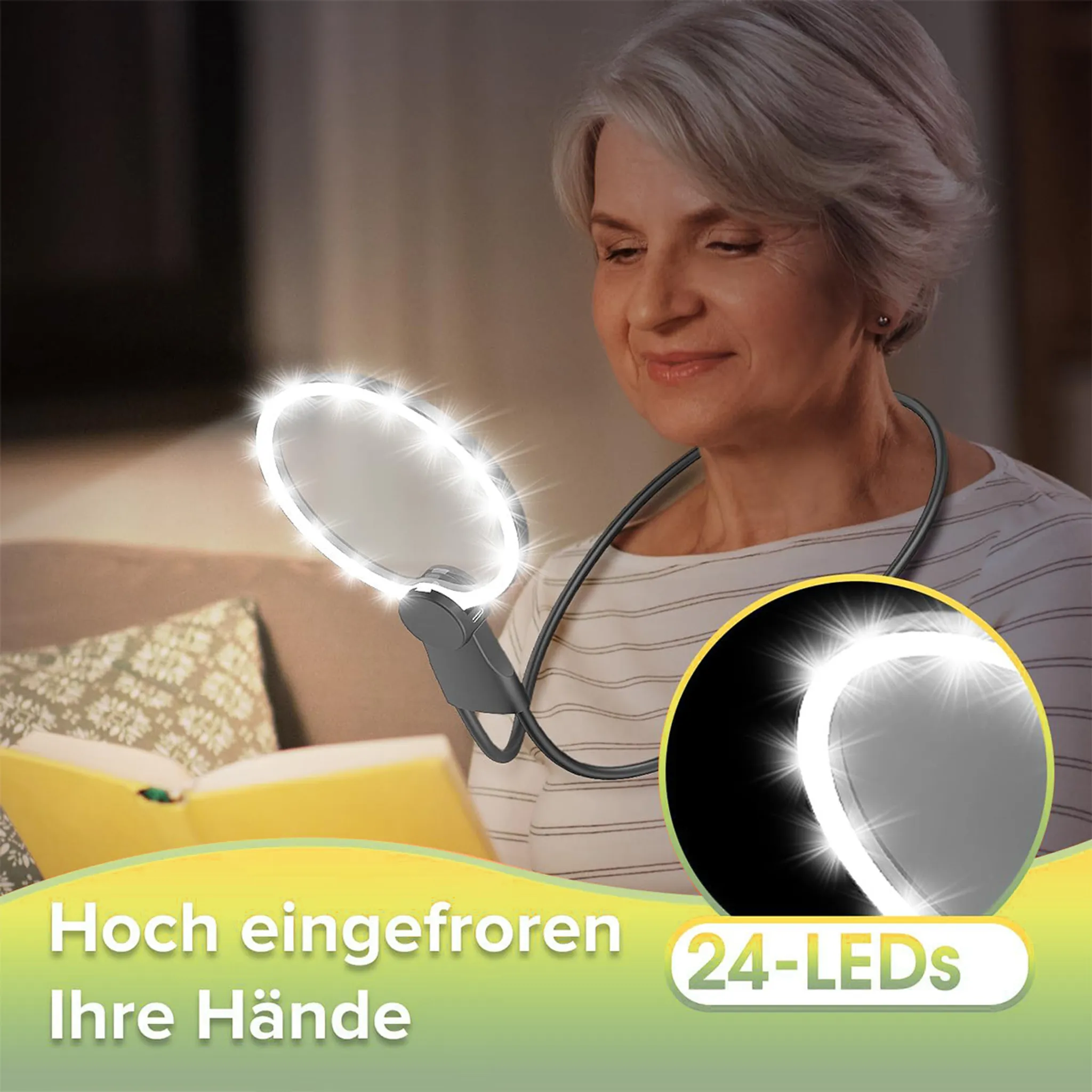 Ältere Frau liest mit Halslampe und Lupe bei Nacht.