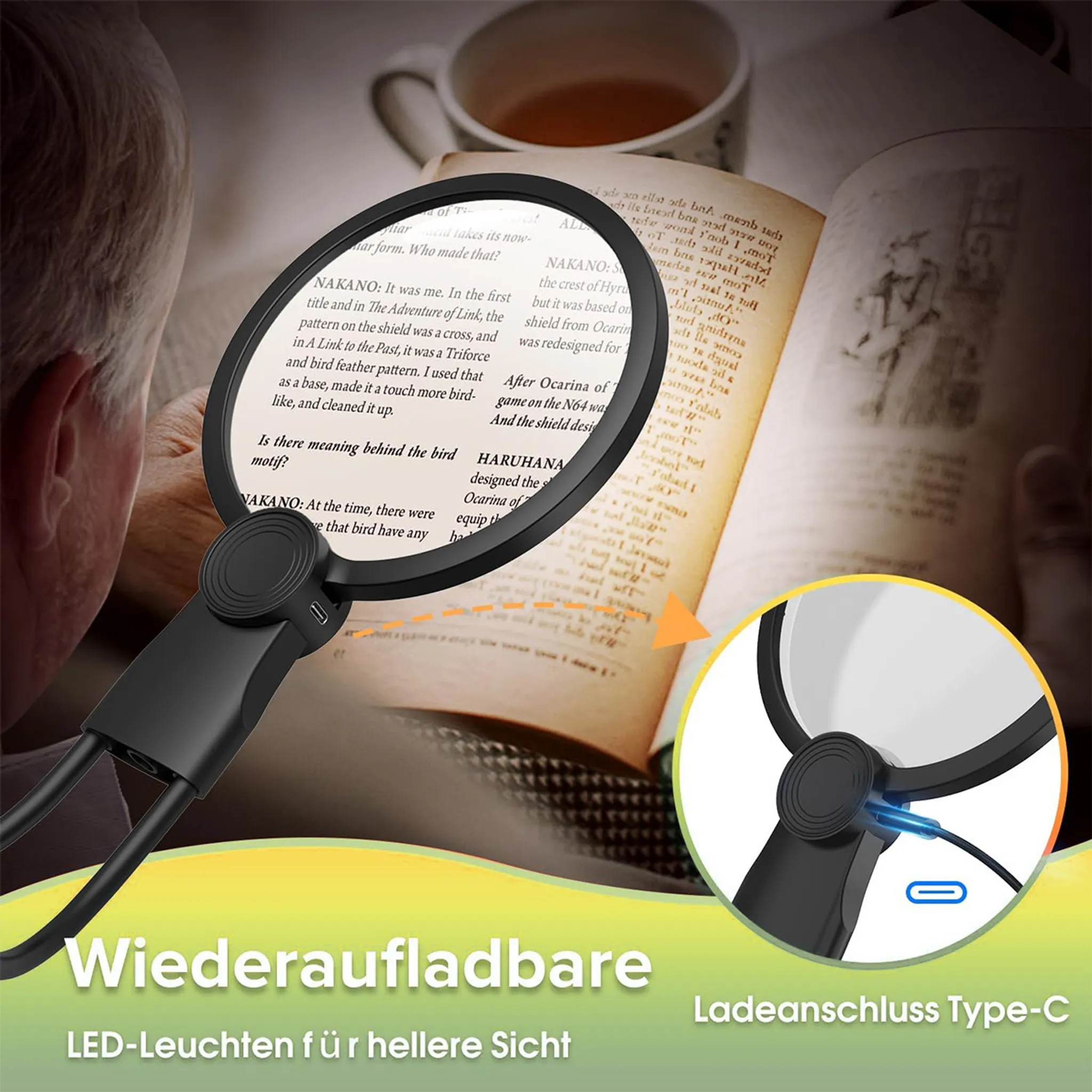 Nahaufnahme einer Lupe über einem Buch, mit einer Tasse im Hintergrund. Typ-C-Anschluss.