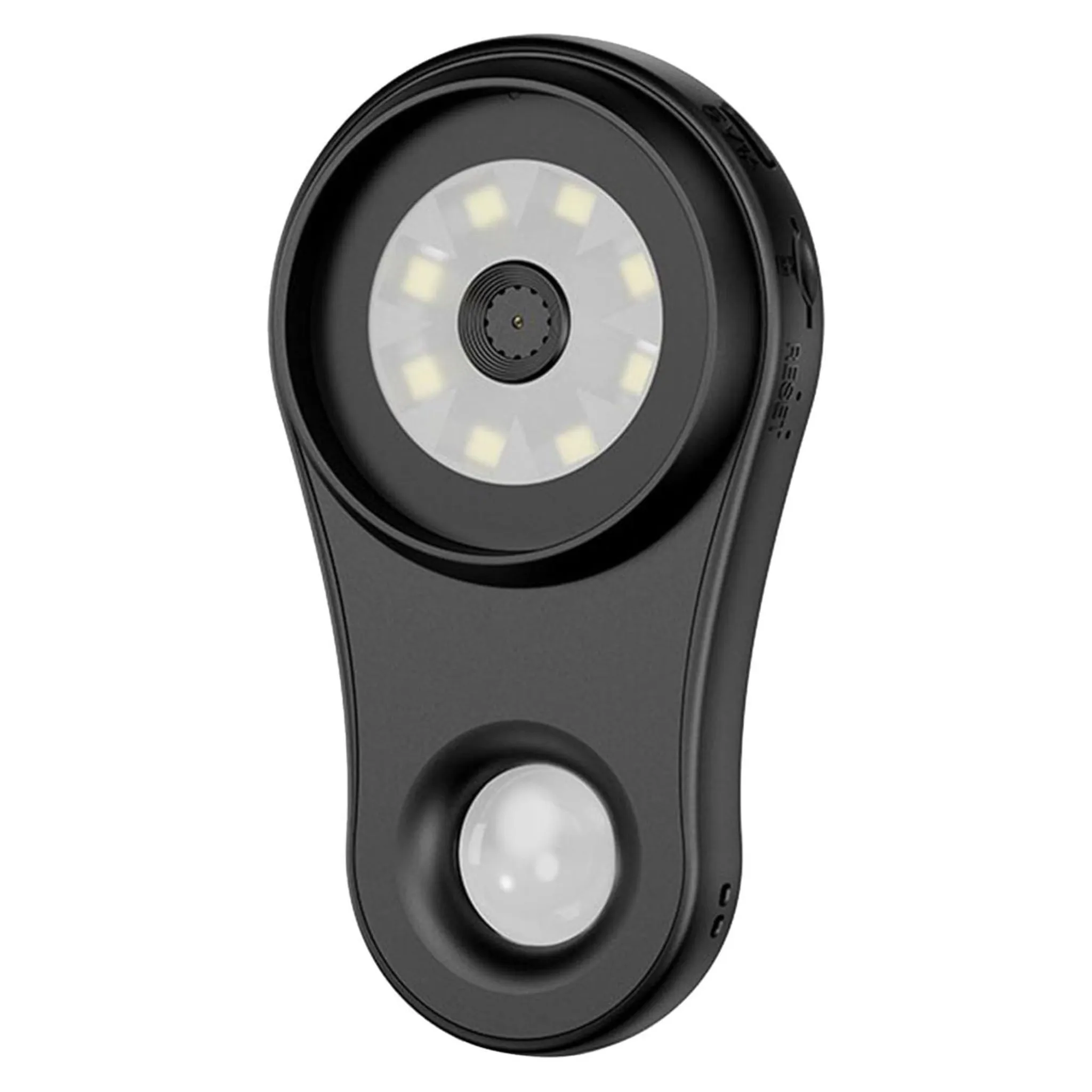 Schwarzes Gerät mit Bewegungssensor und hellem LED-Licht.