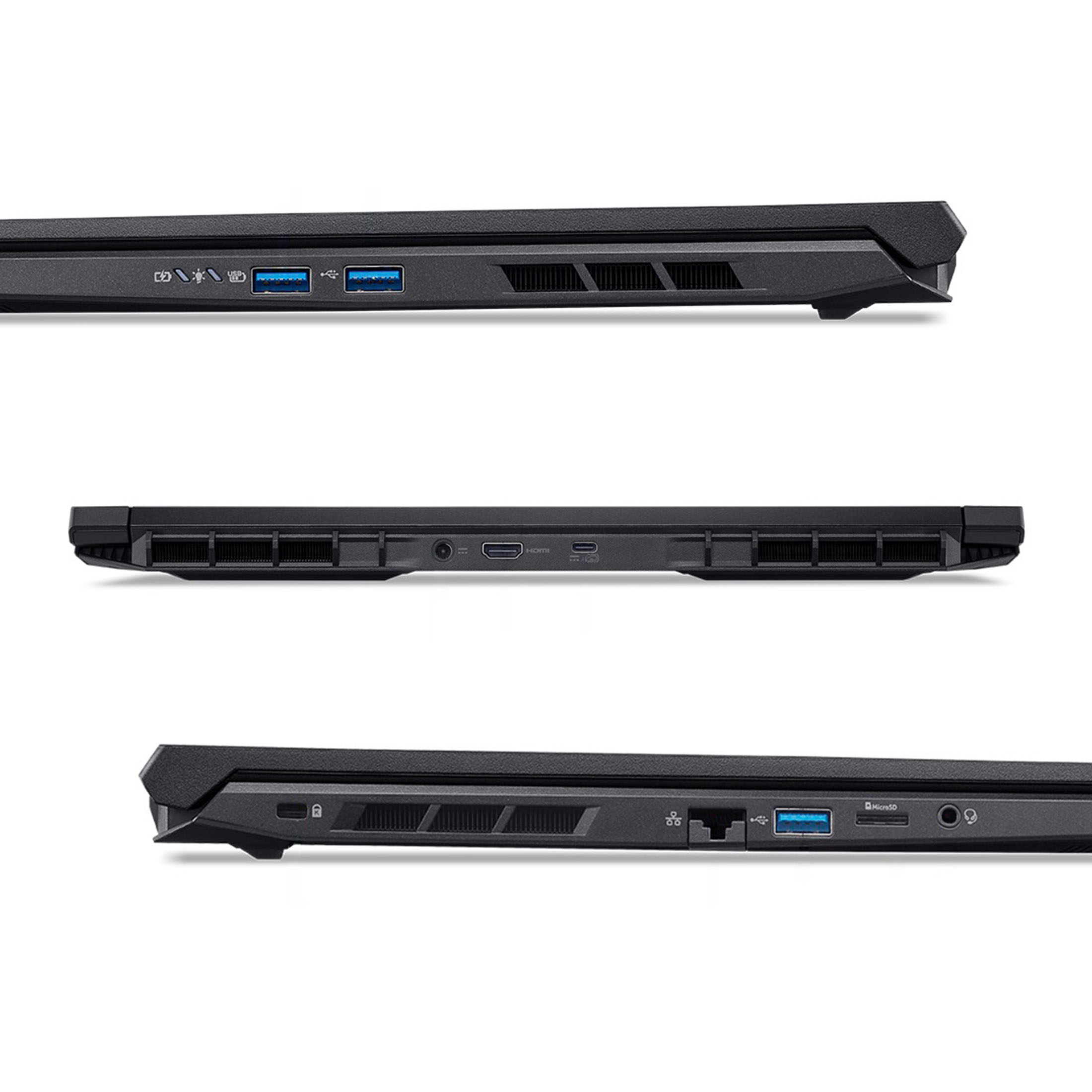 Drei Ansichten eines schwarzen Laptops mit Anschlüssen und Lüftungsschlitzen.