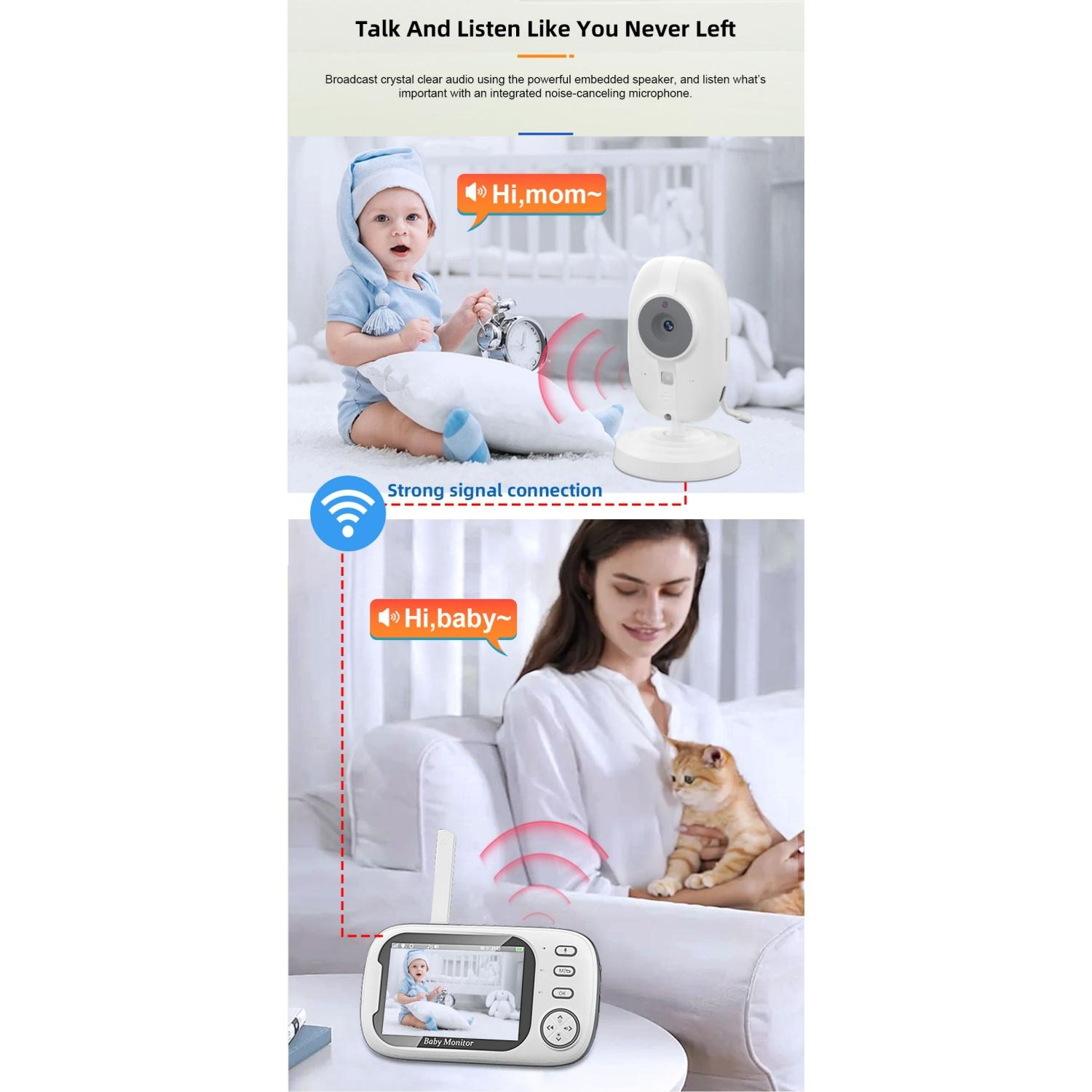 Babyfon: Baby und Kamera oben, Frau mit Katze und Monitor unten.