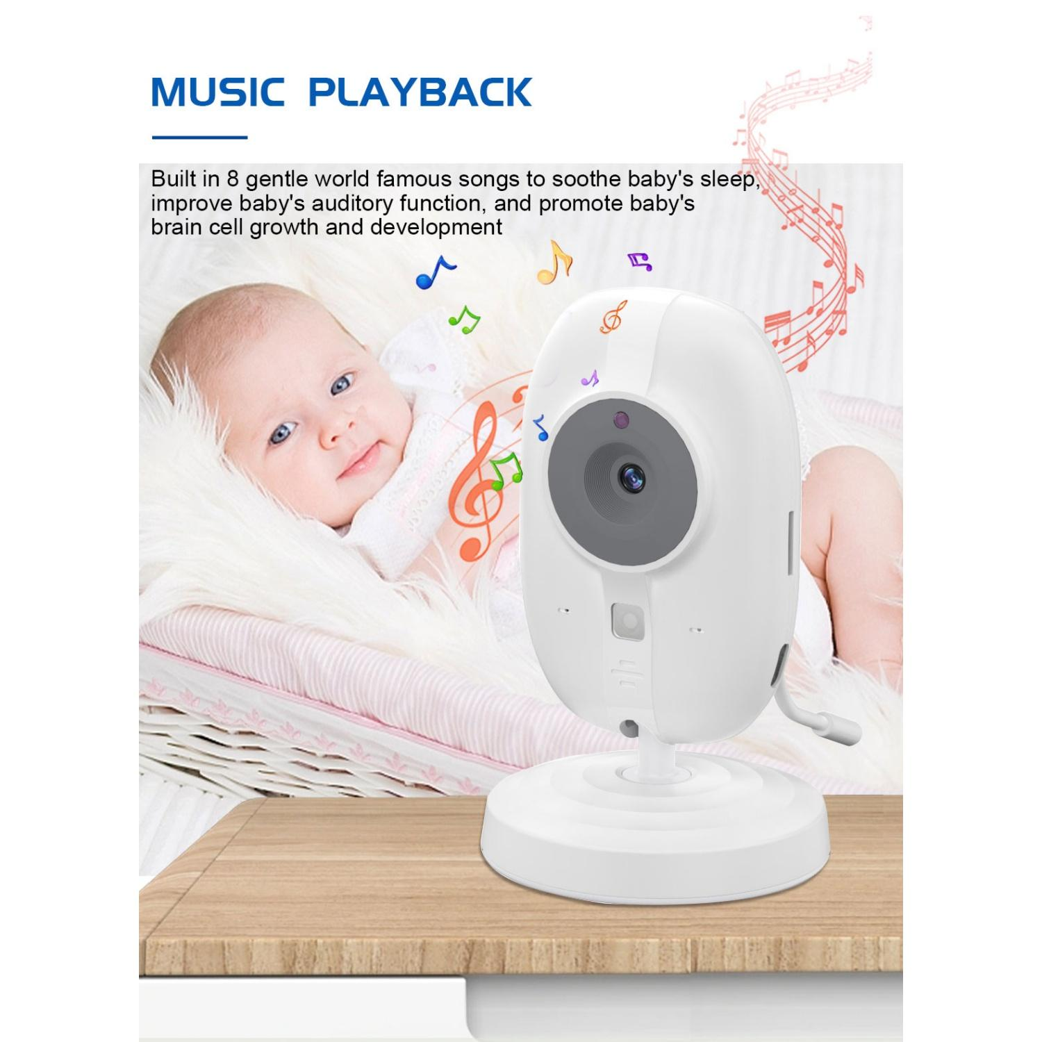 Ein Baby in einem Korb mit Musiknoten und einer Kamera. Musikwiedergabe.