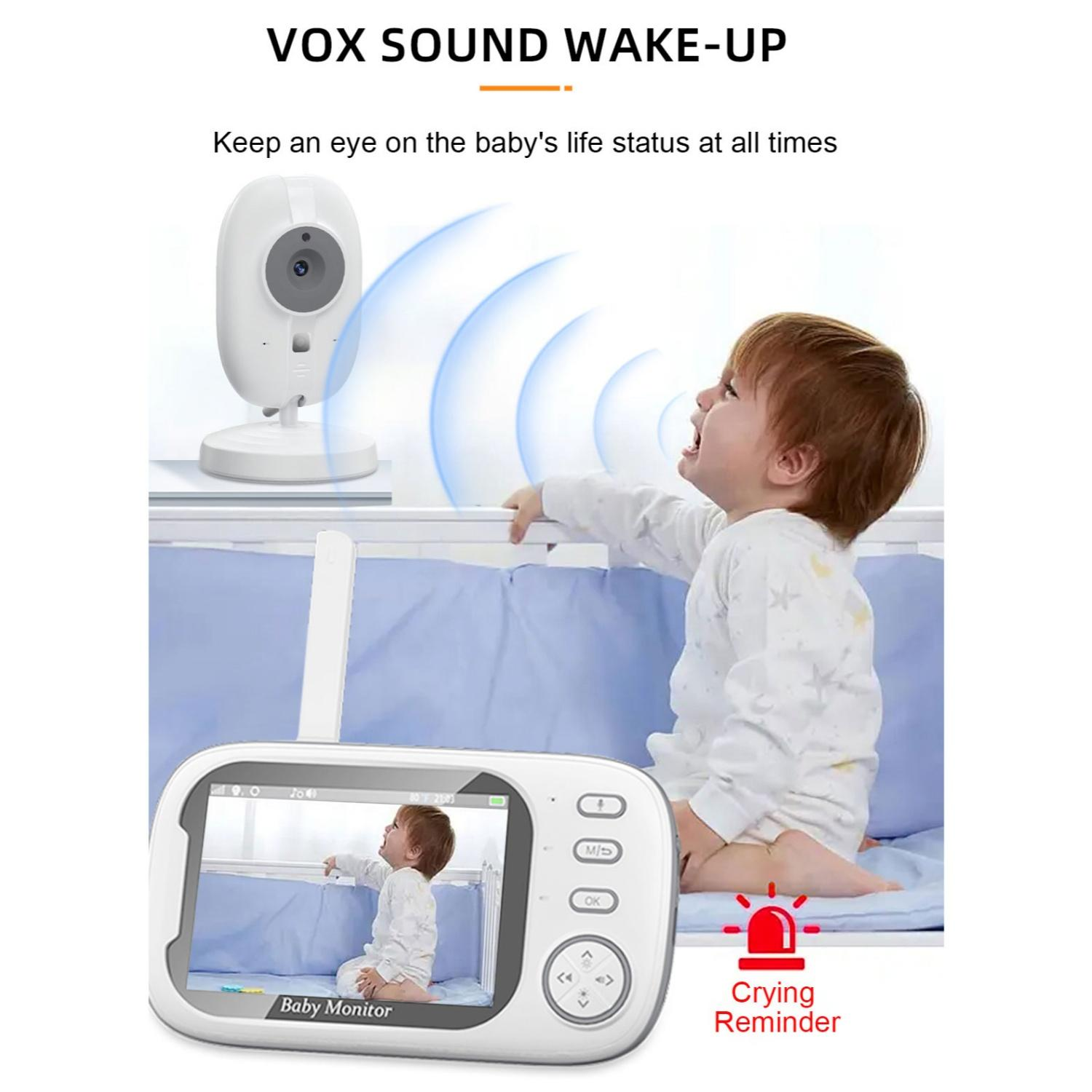 Ein Babyfon mit Kamera und Monitor zeigt ein weinendes Baby in einem Bett. Ein rotes Licht zeigt eine Erinnerung.