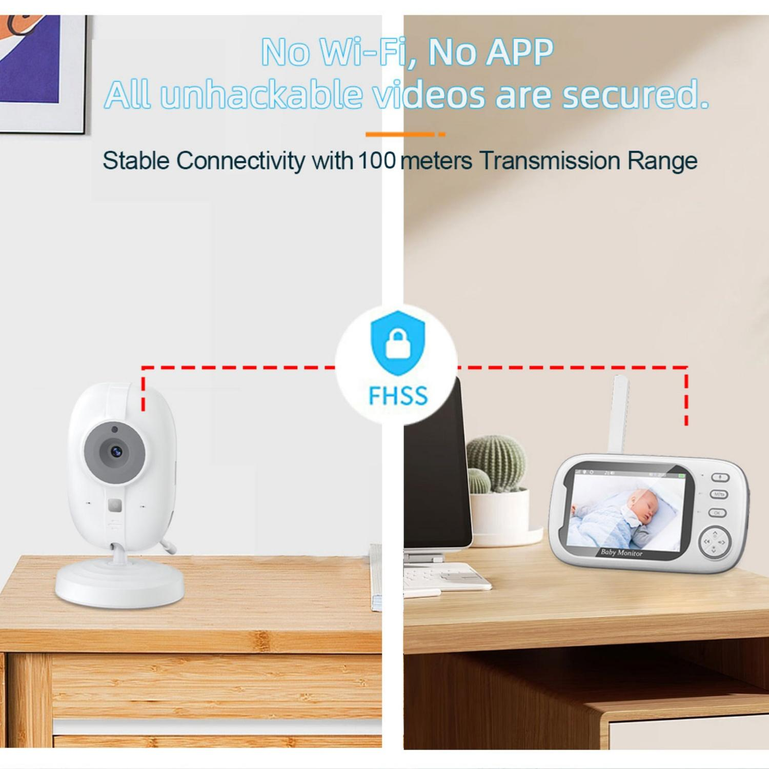 Weiße Babyphone-Kamera und Empfänger auf Schreibtischen. FHSS-Sicherheit.