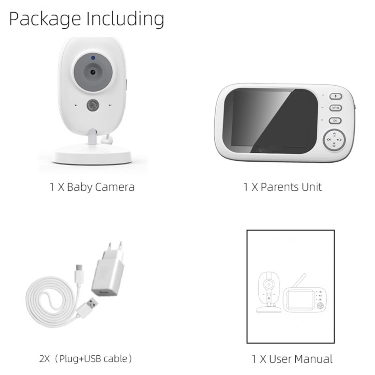 Babyphone-Set: Kamera, Elterneinheit, Ladekabel, USB-Kabel, Handbuch.