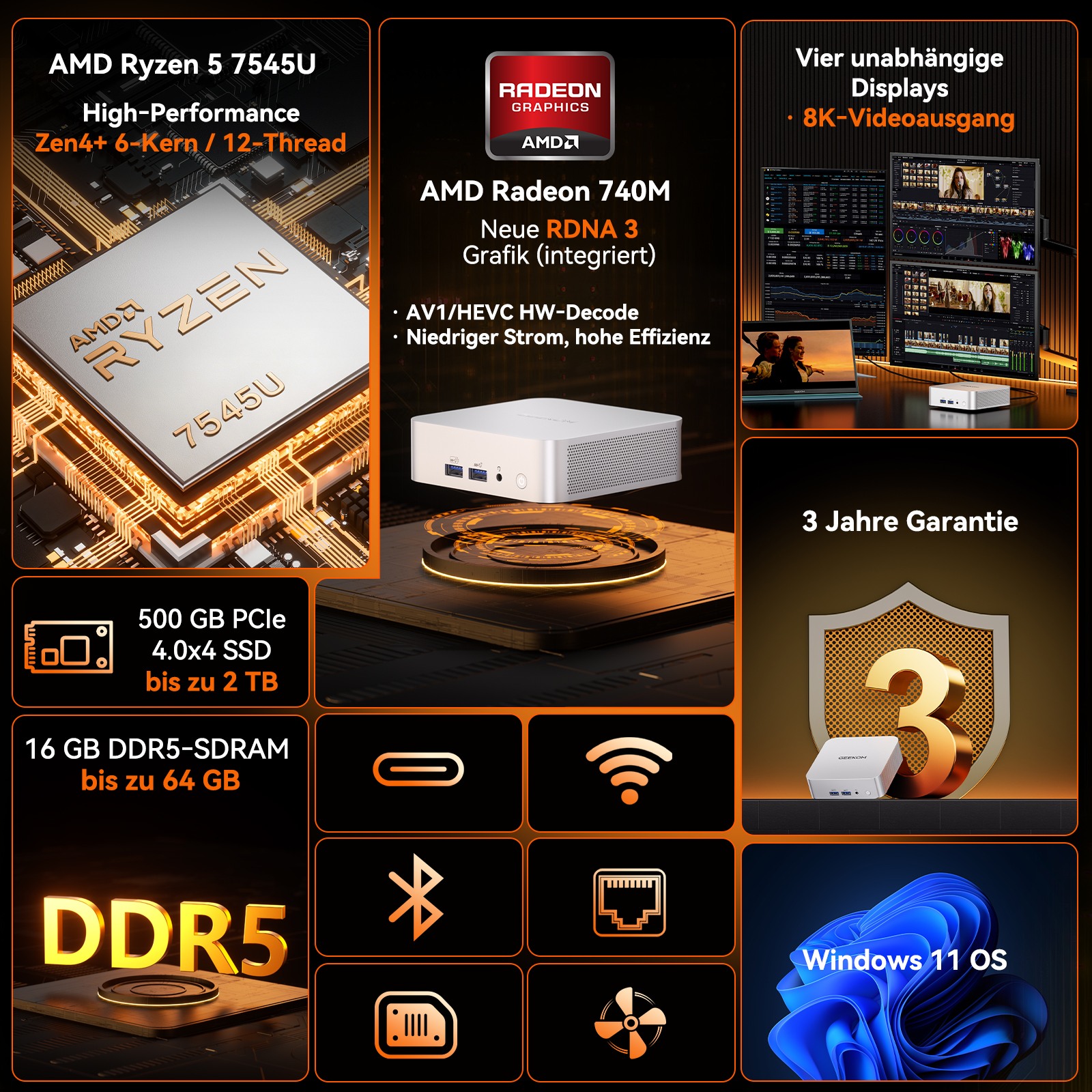 AMD Ryzen 5 7545U CPU, Radeon 740M GPU, SSD, DDR5 RAM, Garantie & Windows 11.
