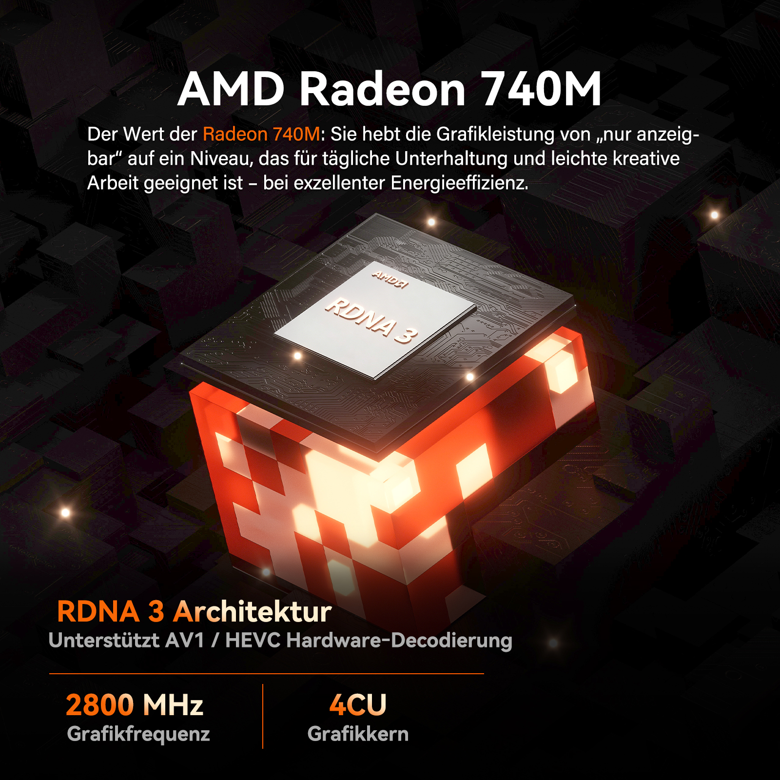 AMD Radeon 740M Chip: RDNA 3 Architektur, 2800 MHz, 4 CU. Realistische 3D-Grafik.