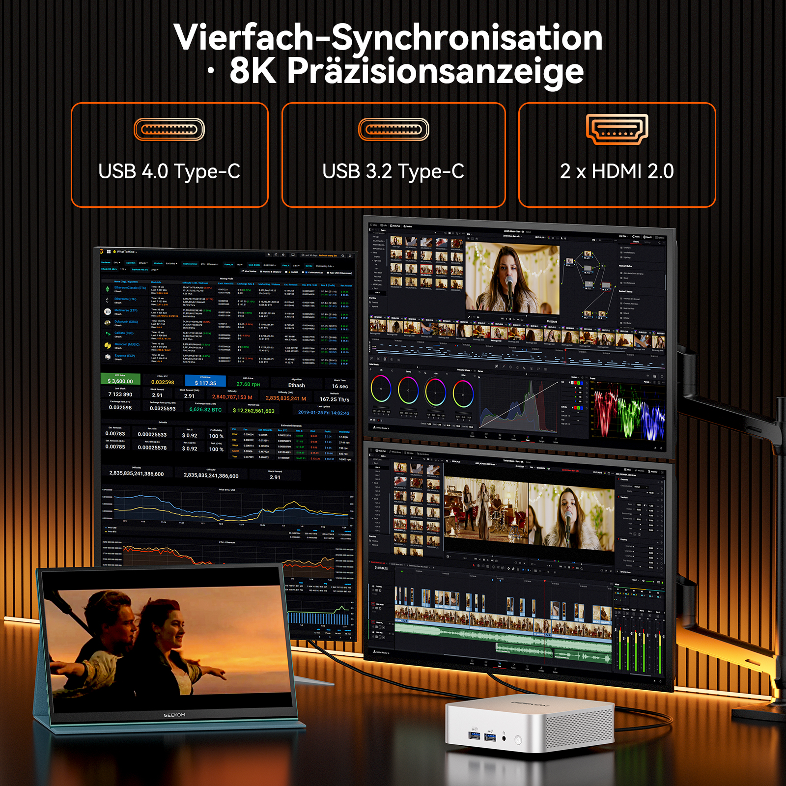 Drei Monitore zeigen Krypto-Daten und Videobearbeitung. Ein kleiner PC steht daneben.