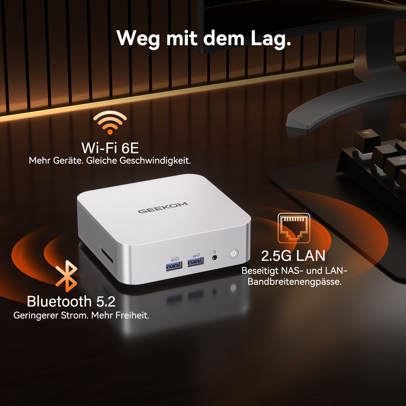 Ein weißer GEEKOM Mini-PC mit Wi-Fi 6E, Bluetooth 5.2 und 2.5G LAN.