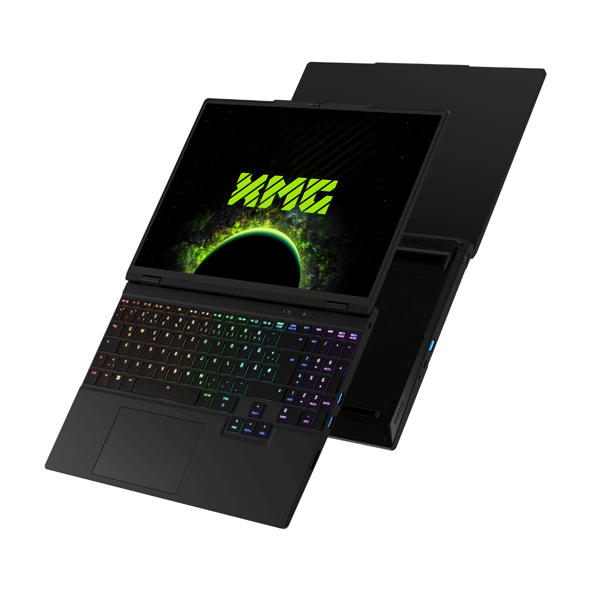 Schwarzer Laptop mit beleuchteter Tastatur und Weltraumhintergrund.