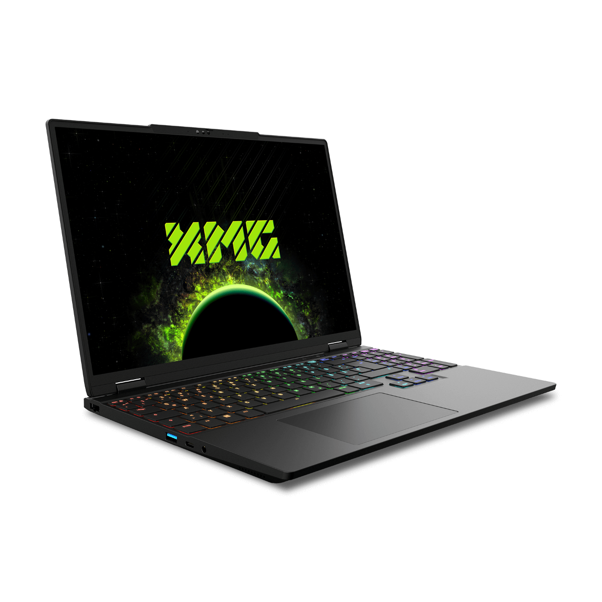 Ein schwarzer Laptop mit Weltraum-Tapete und RGB-Tastatur.