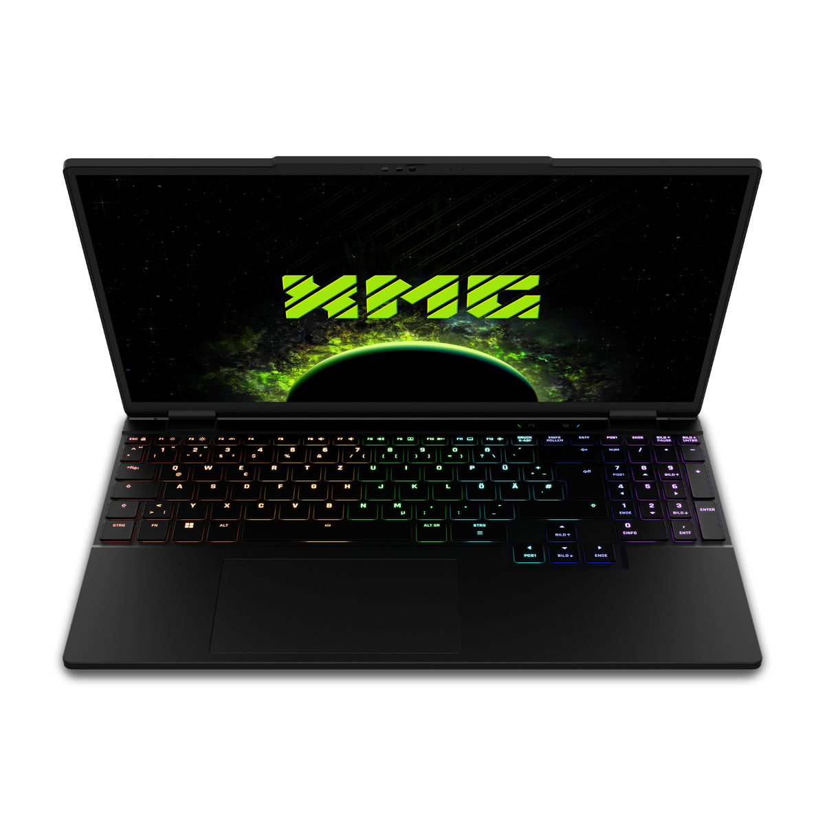 Schwarzer Laptop mit beleuchteter Tastatur zeigt grünes Logo über Planet und Sternen.