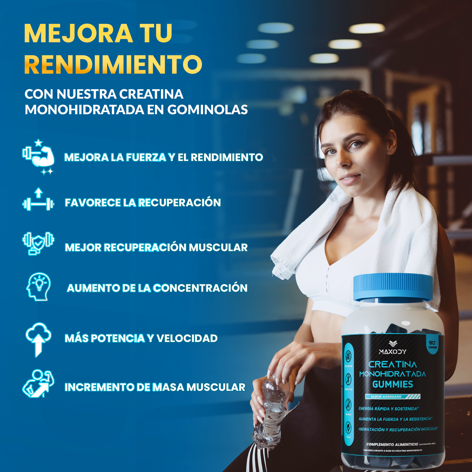 Mujer con toalla, sosteniendo botella de agua junto a gomitas de creatina.