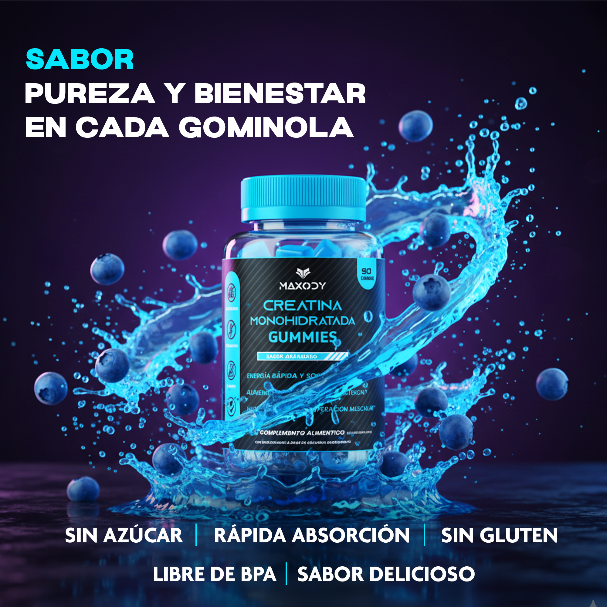 Una botella de gomitas de creatina con salpicaduras de arándanos y texto.