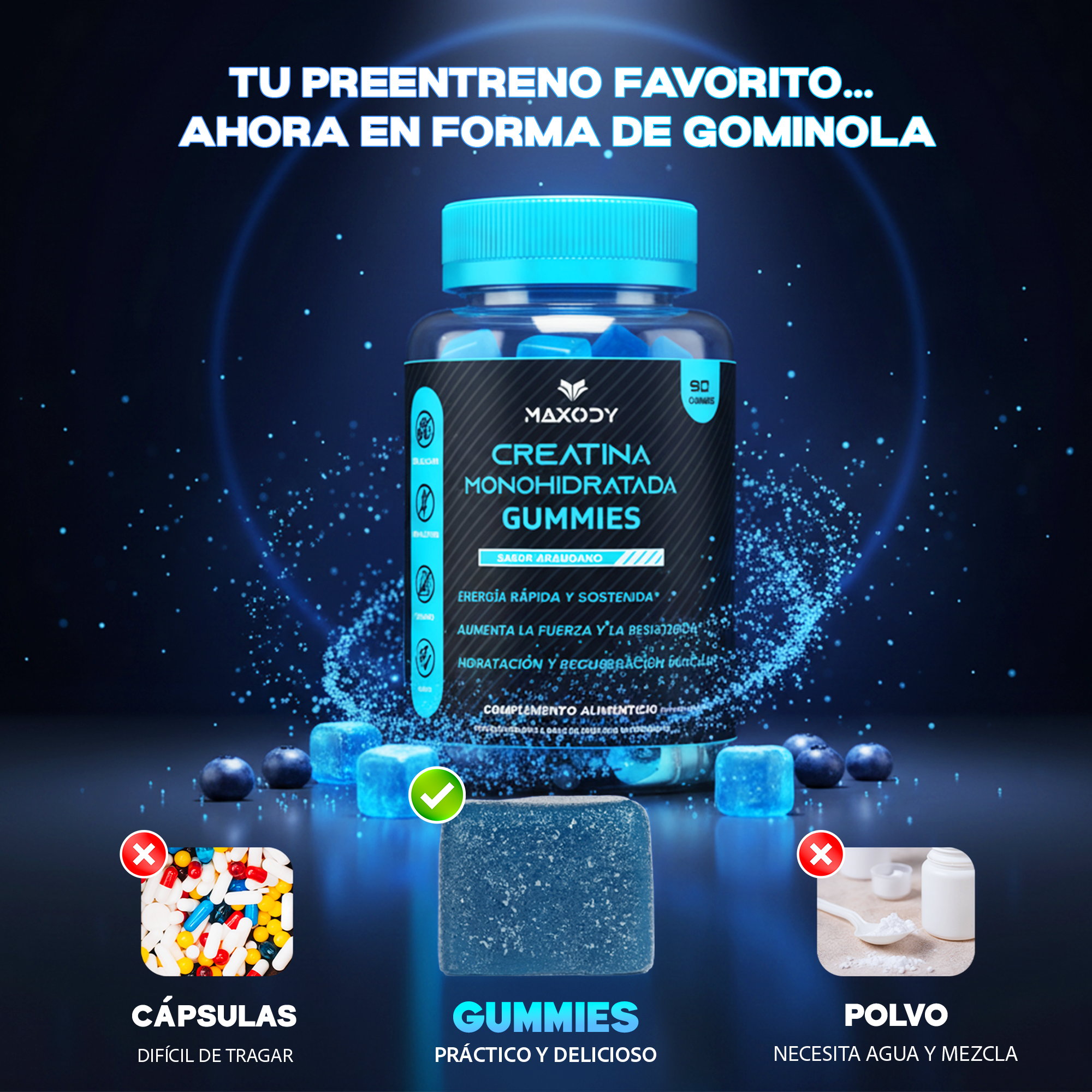 Botella de Gominolas de Creatina Maxody, arándanos y cubitos de hielo.