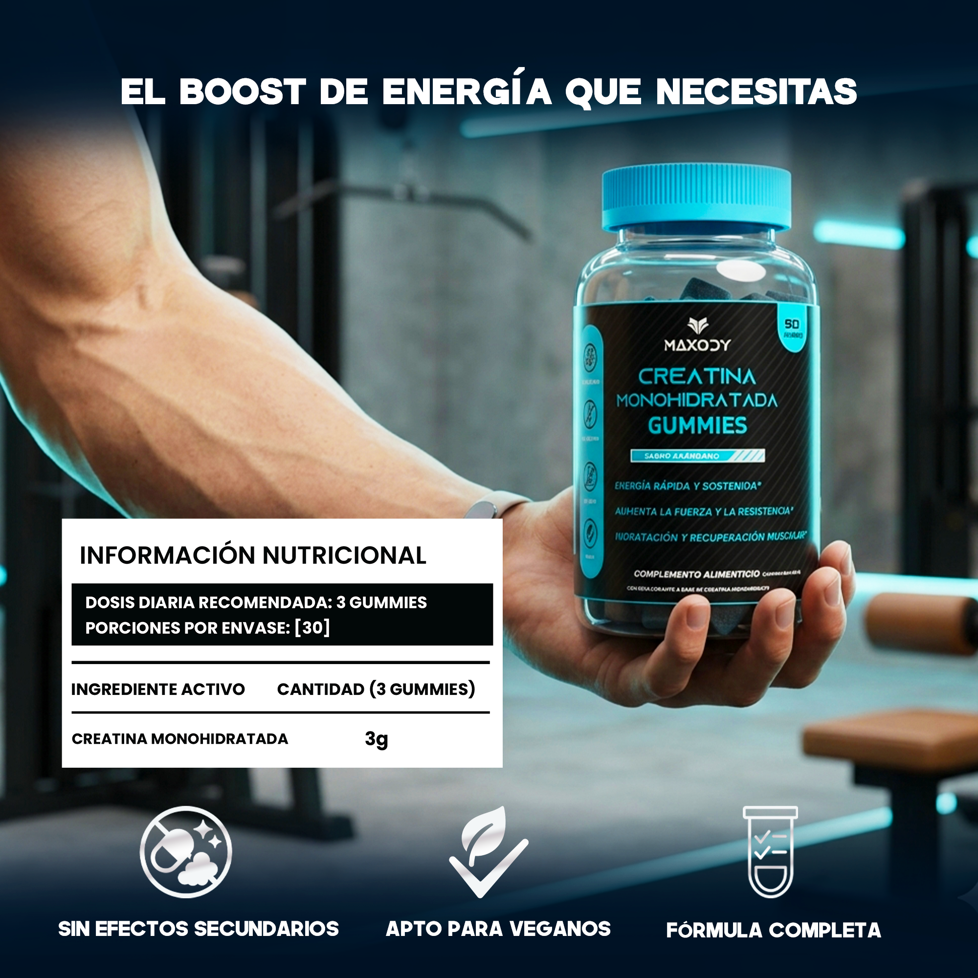 Una mano sostiene una botella de gomitas azules junto a un panel de información nutricional.